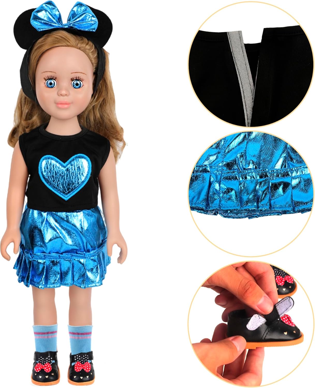 MSYO 17-18 Inch Blue Doll Clothes 7Pcs Set, Cool Neutral Fresh Doll Dress Up Outfit with Headband Top Skirt Socks Shoes Glasses Necklace, Unique Unisex Doll Gift for Kids
