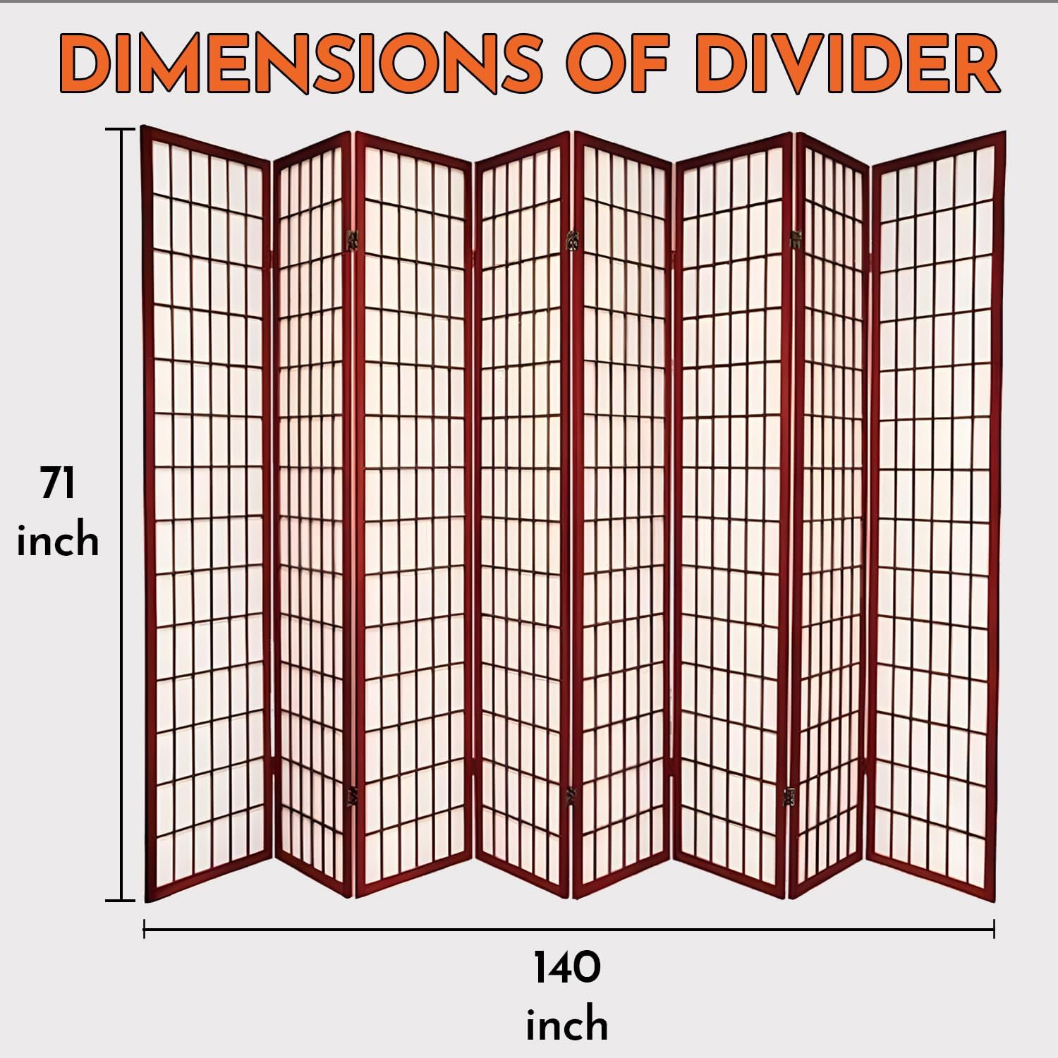 Legacy Decor 8-Panel Shoji Room Divider, Cherry, Real Wood Grid, Translucent Privacy Panels, 140″ W × 71″ H, Folding Screen