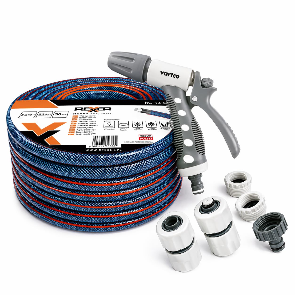 REXXER Gartenschlauch-Set 50 m, 3/4 Zoll, 4-lagig, Sprühpistole | UV-beständig, flexibel, Sprühpistole, Schnellkupplungen, Wasserhahnanschluss