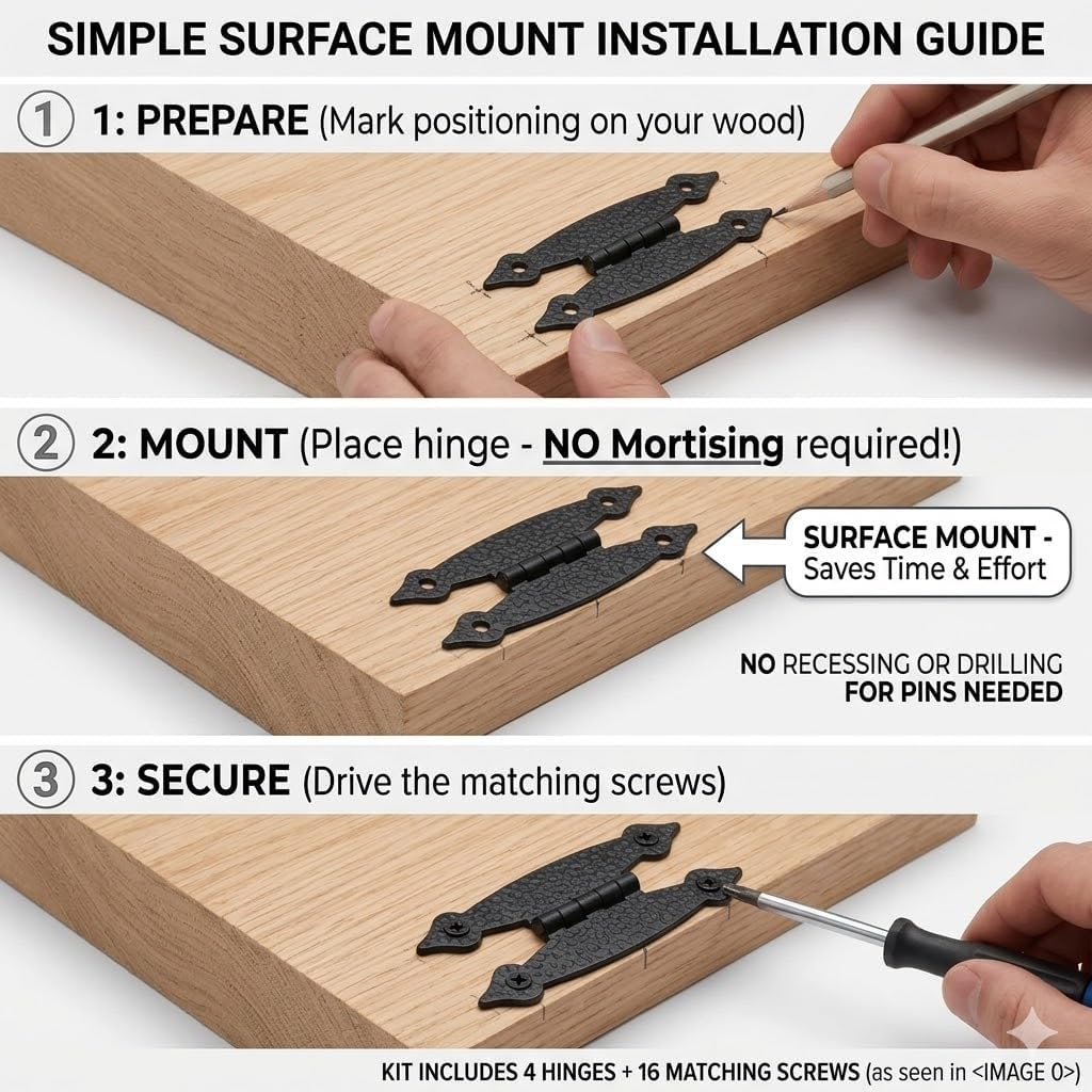 Black H Hinges, 3.5 Inch Antique Style Flat Mount, H Shape Cabinet Door Hardware for Jewelry Box, Cabinets and Wood Doors, 4 Pack