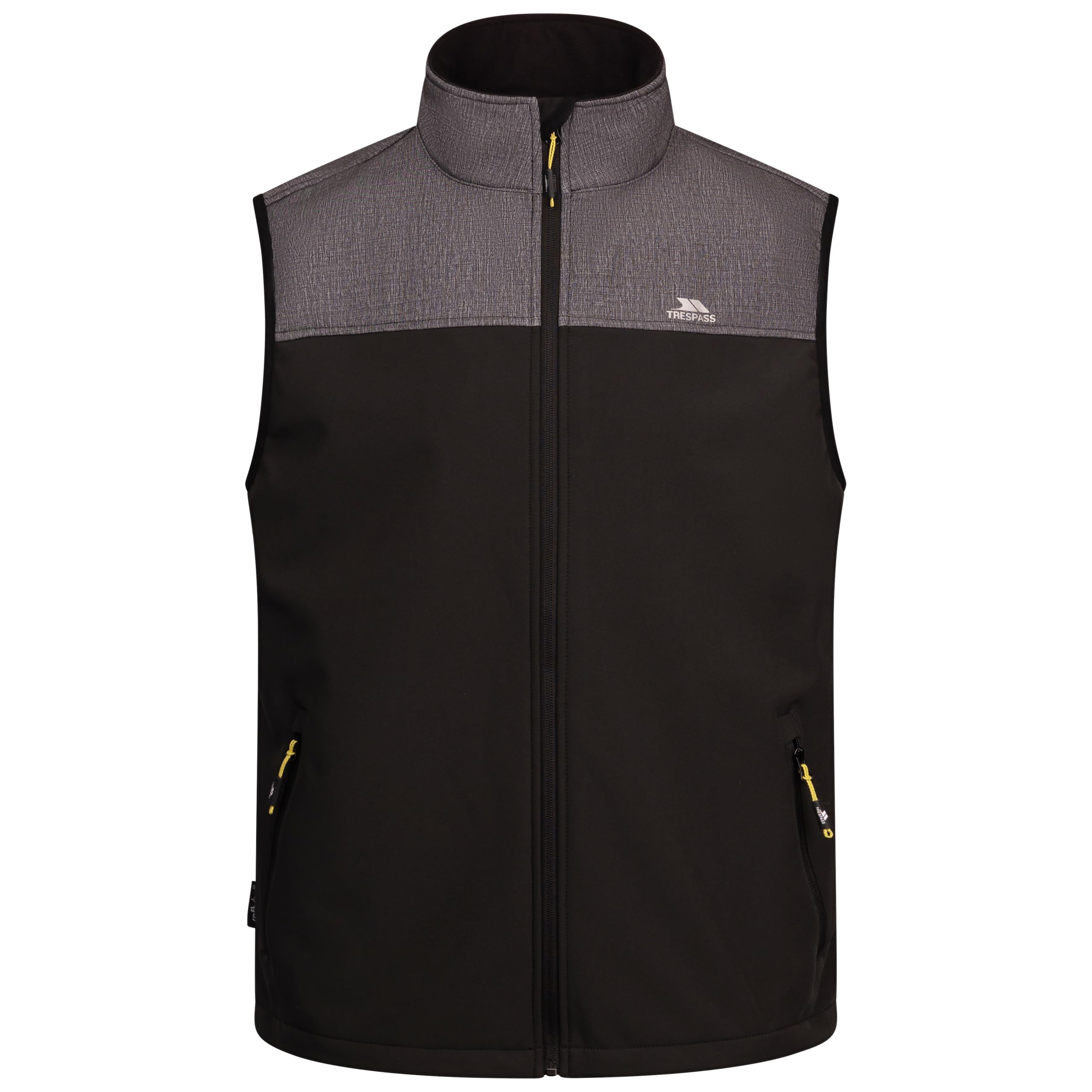 Trespass Abbott - Gilet da uomo in softshell con cerniera a basso profilo, tasche con cerniera, protezione per il mento, linguetta laterale, logo stampato, tessuto, 96% poliestere, 4% elastan
