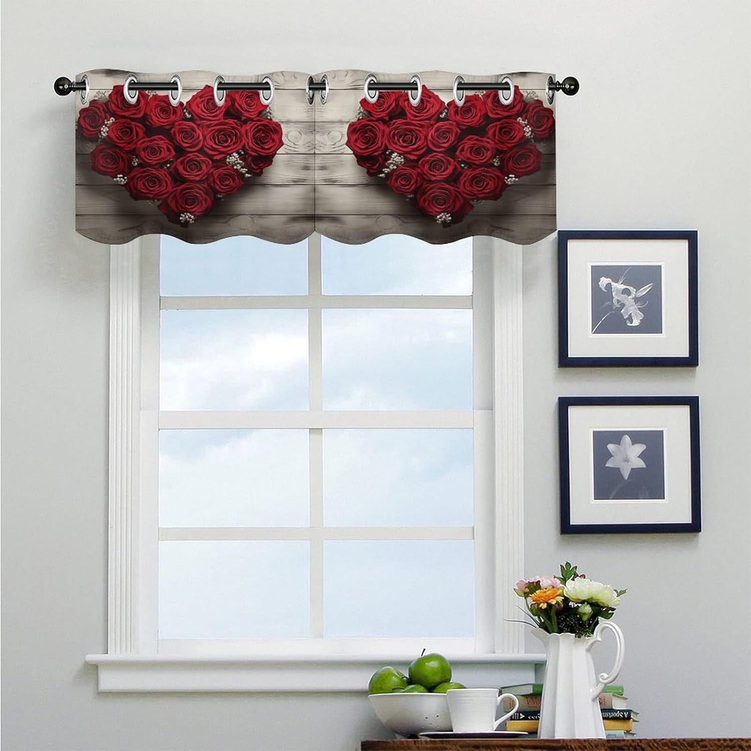 Red Heart-Shaped Roses 2 Pack Valance Curtains Window Treatments. Adjustable Curtain with Rod Pocket.Cafe Curtains is Half Curtains for Privacy Decorative 52x18.1 Inch.
