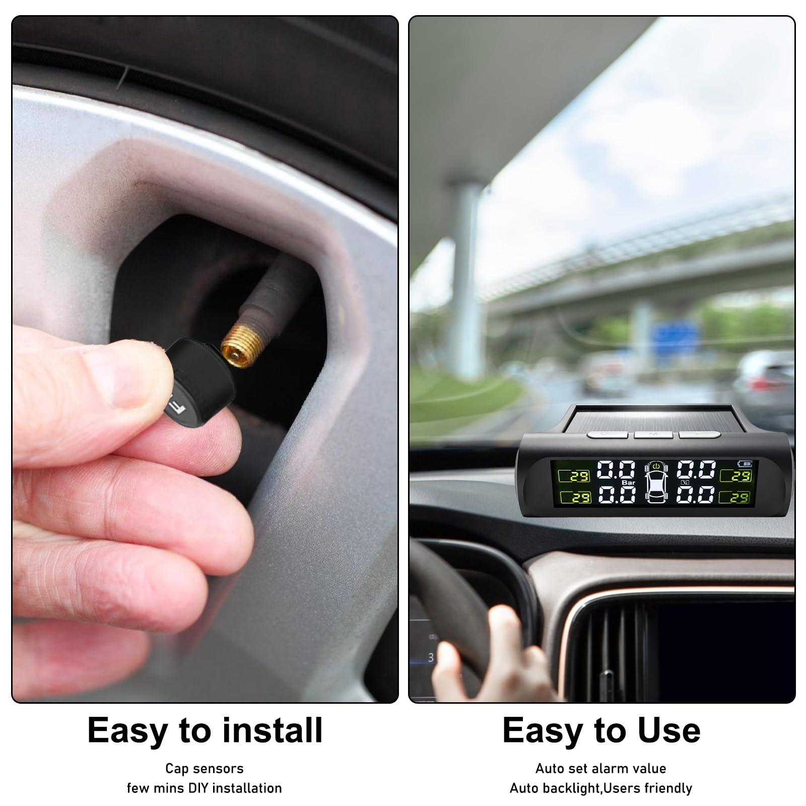 GBKDQQ Sistema di controllo della pressione dei pneumatici TPMS 4 sensori esterni, veicolo e allarme di temperatura, sistema di controllo della pressione degli pneumatici a energia solare, display