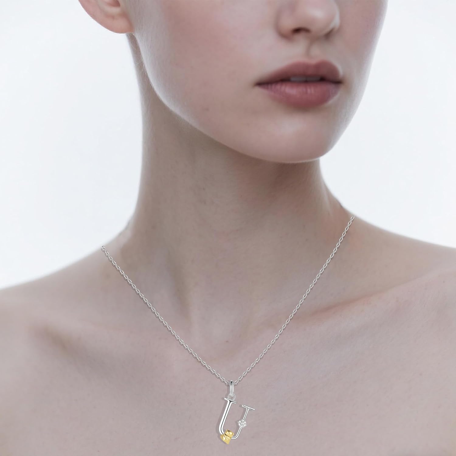 LAB Grown Diamond Sterling Silver Initial Necklace for Women A-Z Letter Cute Bear Pendant Necklace Jewelry Gifts