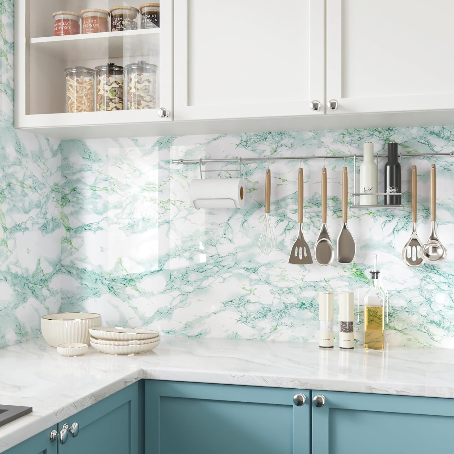 CRE8TIVE Large Size Green Marble Contact Paper 24"x354" Marble Wallpaper Peel and Stick Waterproof Self Adhesive Removable Wall Covering Glossy Decorative Vinyl Roll for Kitchen Countertops Cabinets