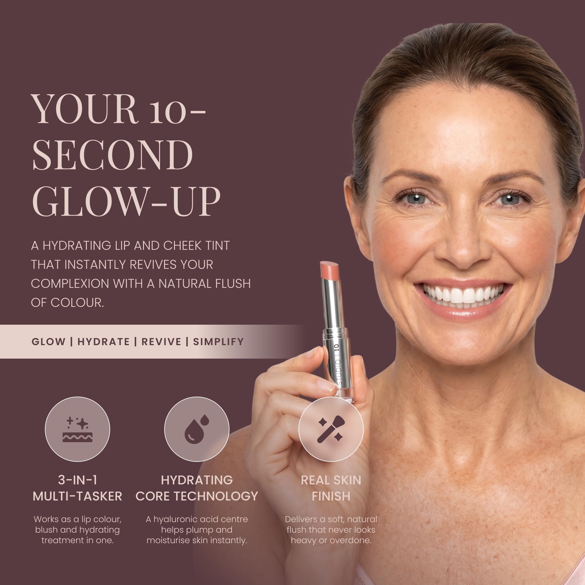 Studio 10 Wake Up & Glow Blush Stick - Tinta labbra e guance a lunga durata per fard leggeri, fard in crema per pelli mature - con nucleo di acido ialuronico idratante (tonalità - pesca)