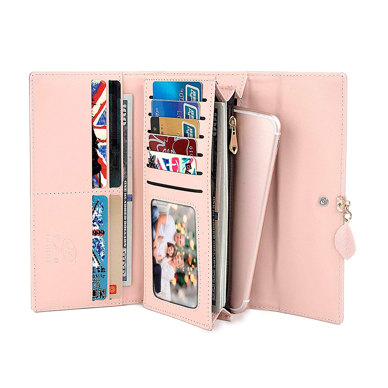 Portafoglio Donna Lungo Cerniera in Pelle, Portafoglio Donna Grande (Rosa)