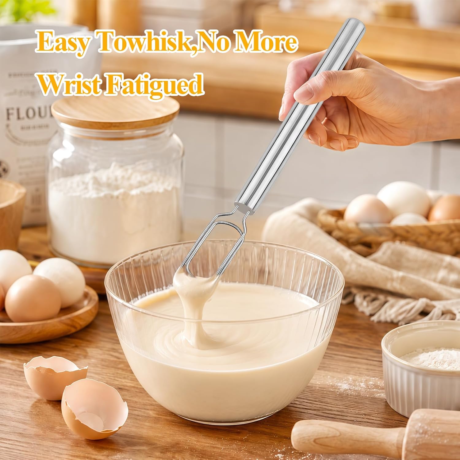 Tiiyee 2PCS Danish Dough Whisk, Stainless Steel Bread Whisk Sourdough Starter Spatula Dough Mixer Stirring Hook, Reaching Bottom of Jar, Dutch Whisk for Cooking,Pizza,Pastry Baking,Cake Batter