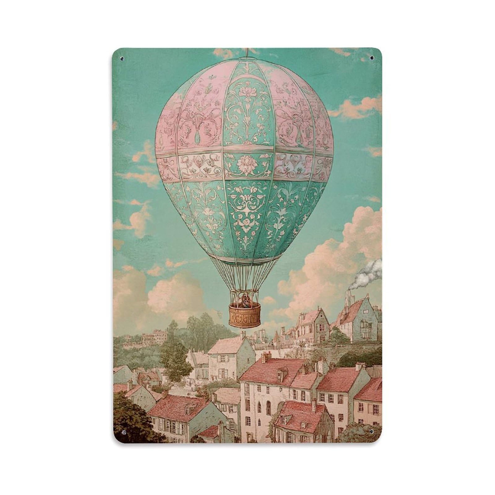 Floral Patterned Balloon Sky Town Retro Metal Tin Sign, Vintage Decor Art Poster for Bar, Home, Man Cave, Kitchen, Laundry Room Gift 8x12Inch
