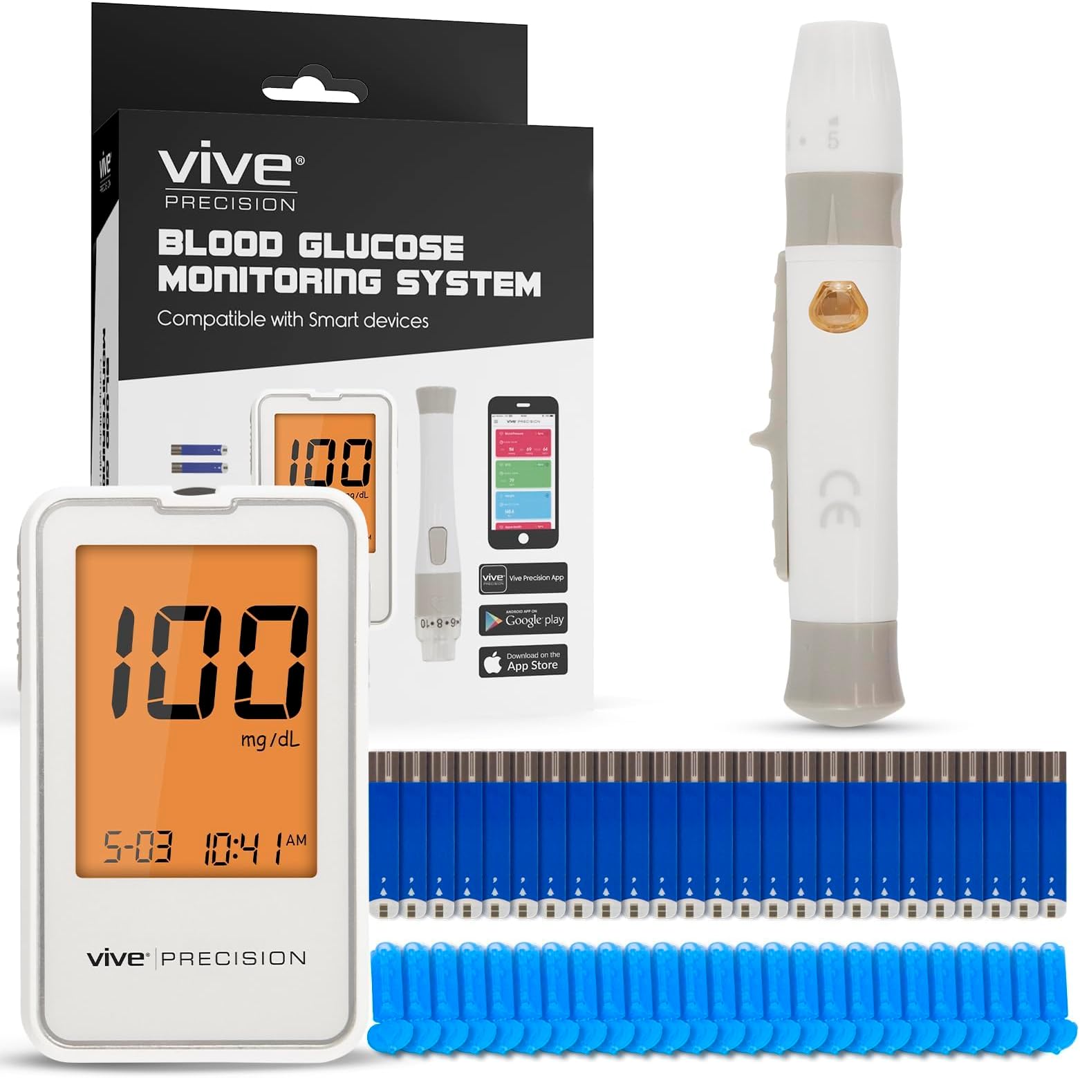Vive Precision Glucose Monitor Kit - Blood Sugar Testing, Monitoring System w/Test Strips & Lancets - Diabetes Testing Kit - Glucometer, Sugar Level Monitoring Device - Finger Pricker for Home Use