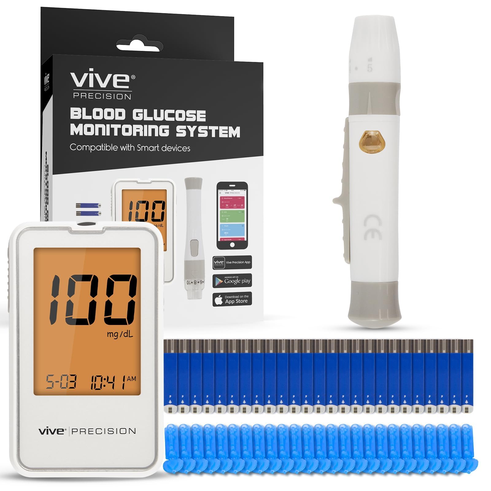 Vive Precision Glucose Monitor Kit - Blood Sugar Testing, Monitoring System w/Test Strips & Lancets - Diabetes Testing Kit - Glucometer, Sugar Level Monitoring Device - Finger Pricker for Home Use