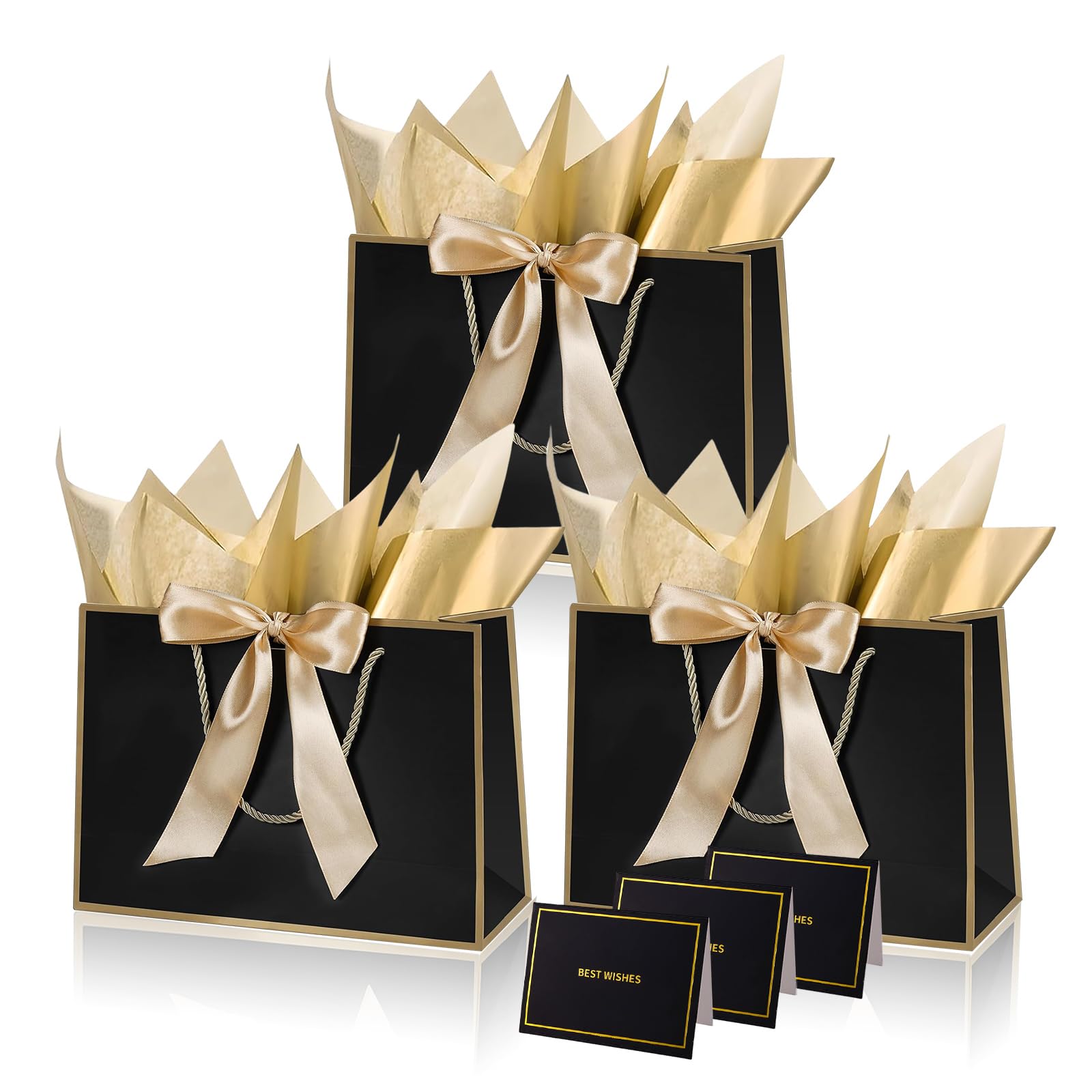 Black Gold Paper Gift Bags with Handles,3pcs Medium Gift Bags for Presents,Wrapping Gift-Bag with Bow Ribbon Tissue Papers and Cards,28*20*10cm Wrapping Bag for Christmas Birthday Wedding Bridesmaid — image 1
