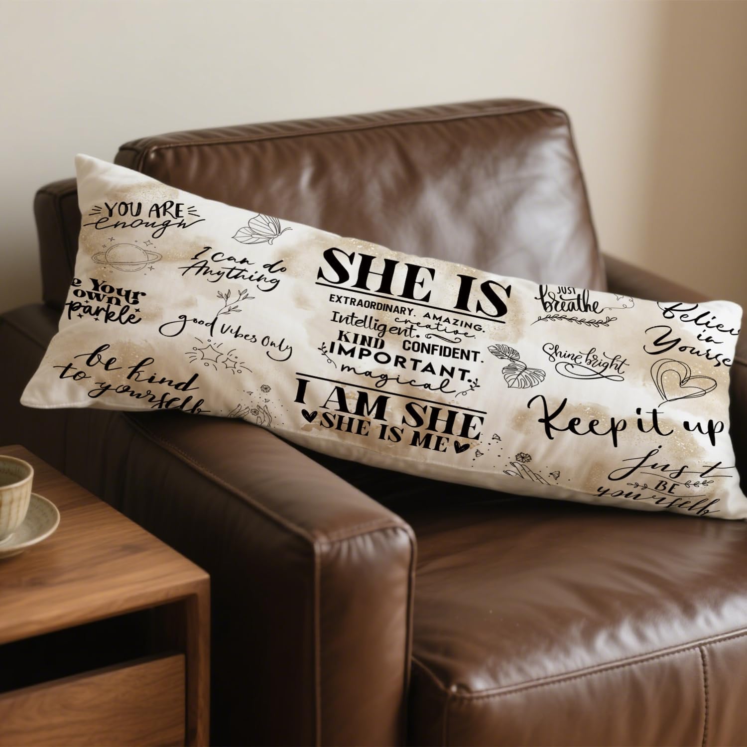 Inspirational 20x54 Body Pillow Cover, Girls Room Decor, Motivational Affirmation Gifts for Women, She is I Am She Positive Decorative Long Body Pillow Cases for Bed Couch