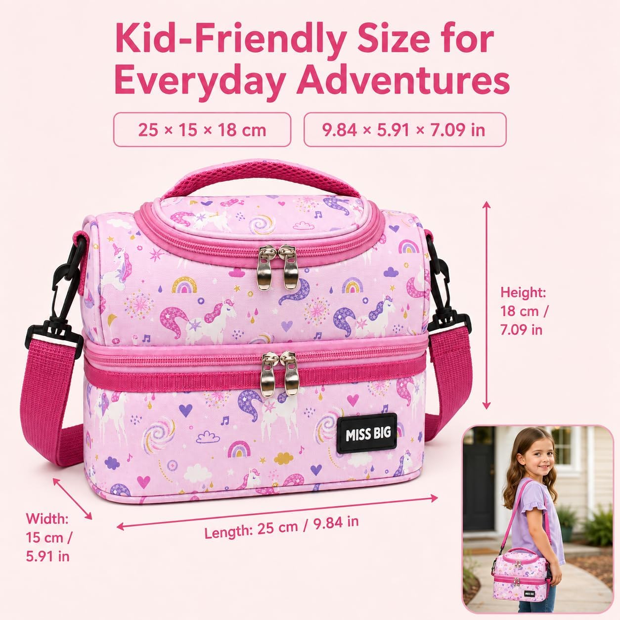 MISS BIG® Pink Unicorn Lunch Box Bag for Girls, Insulated Kids Bag