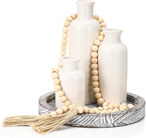 Miniatura 8 de Juego de 5 piezas de centros de mesa rústicos de mesa, juego de 3 jarrones de cerámica boho con bandeja de madera para servir cuentas de madera,