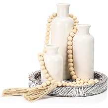 5 Pcs Rustic Country Tabletop Centerpieces Decor Set of 3 Boho Ceramic Vases with Wooden Serving Tray Wood Bead Garland Tassels Table Holder for Home DecorationsGray