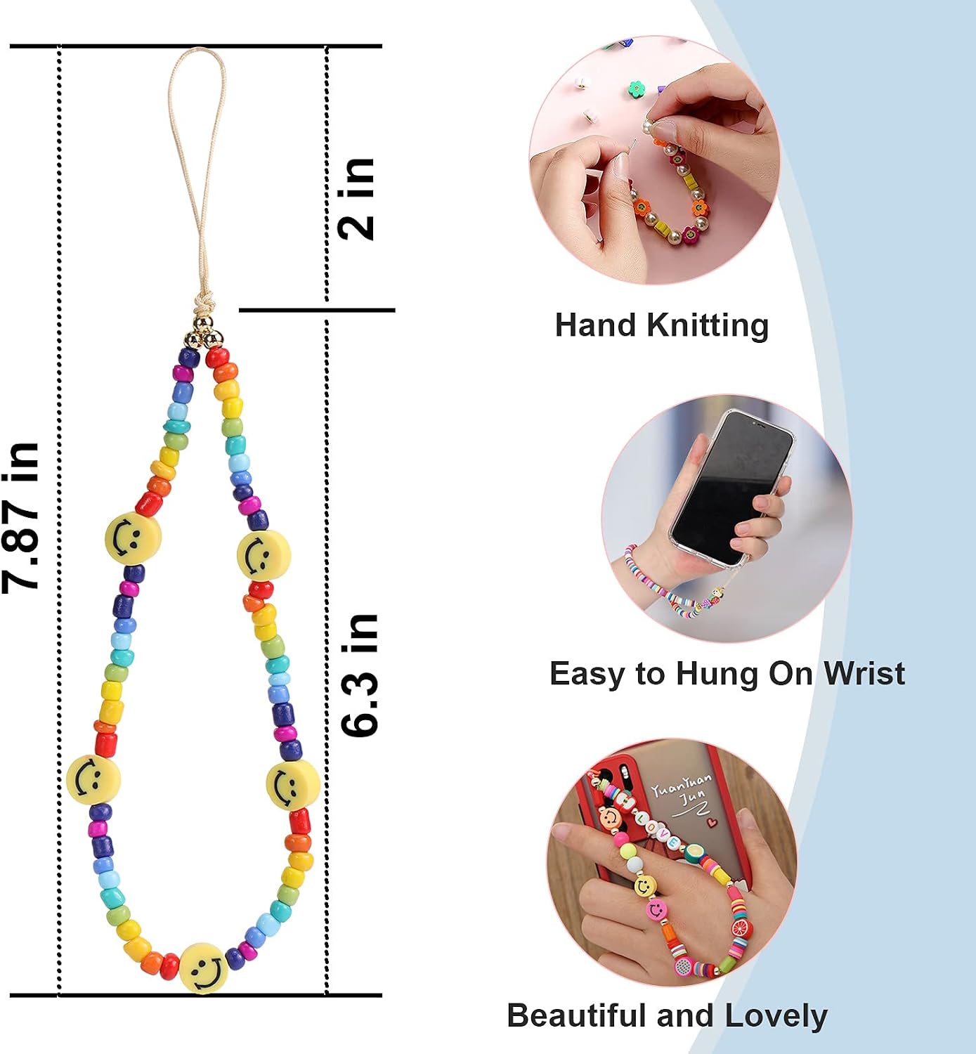 TOOVREN 3PCS Beaded Phone Charm Strap, Smiley Face Evil Eye Bead Handmade Phone Chain Cell Phone Lanyard Wrist Strap Cute Anti-Lost Phone String Bracelet Keychain Decoration Y2K Aesthetic Accessory
