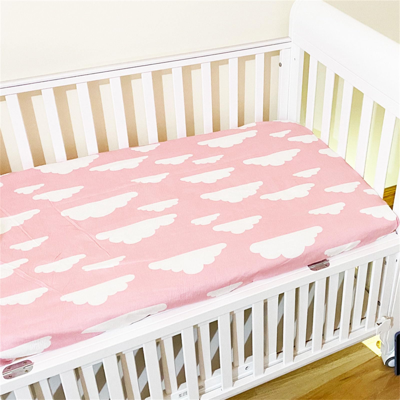 Odot Cot Bed Cotton Fitted Sheets, Cartoon Cot Bed Sheet Fitted Sheets for Cribs Baby Bed Sheets Soft Durable Bassinet Sheets Cot Bed Mattress Protector for Boy Girl (110x60cm,Clouds)