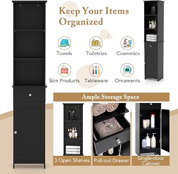 COSTWAY Bathroom Tall Cabinet, Freestanding Slim Storage Cupboard with Adjustable Shelves, Drawer and Door, Wooden High Narrow Bathroom Floor Cabinet Unit for Living Room Kitchen Hallway (Black)
