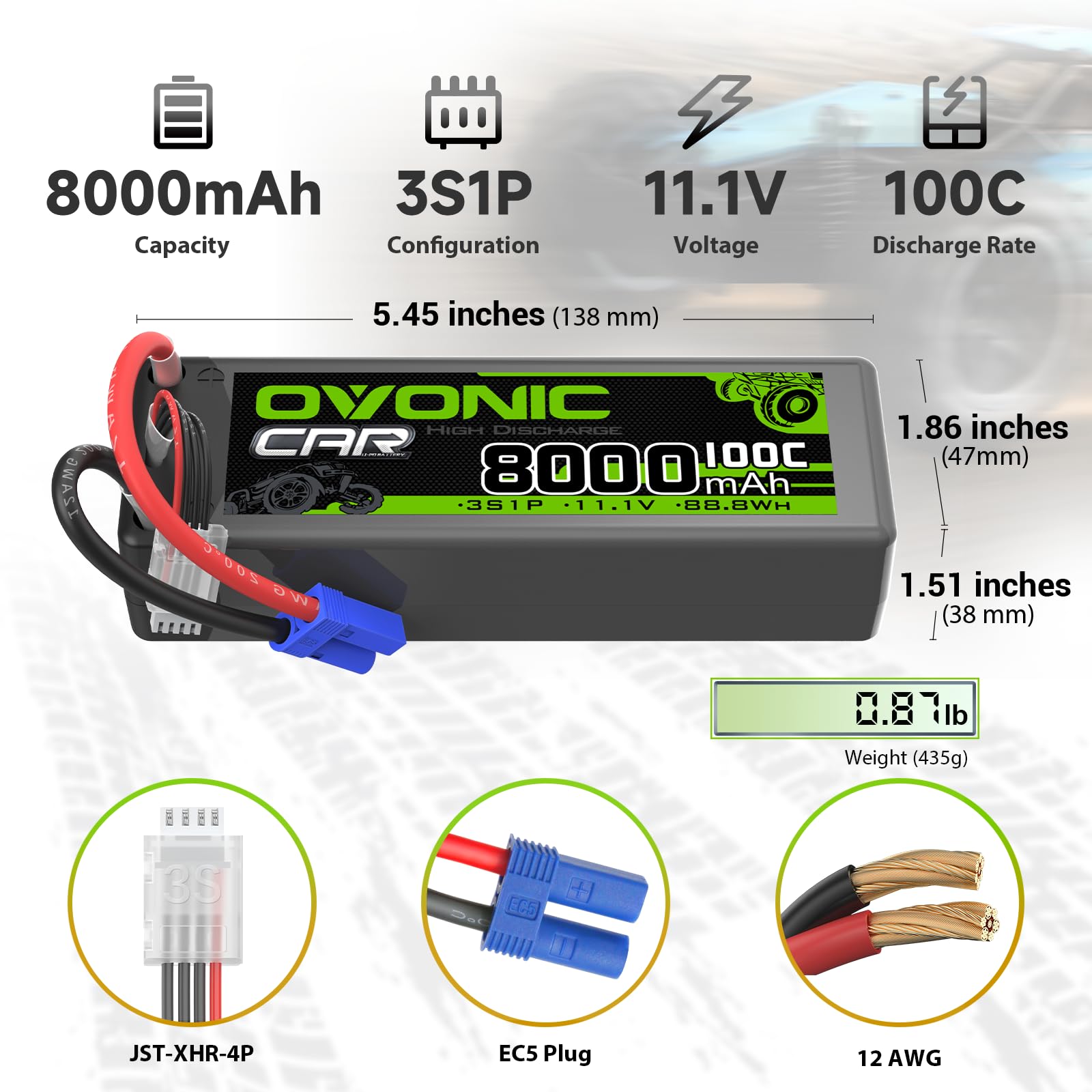 OVONIC 3S lipo Battery 100C 8000mAh Lipo with EC5 Connector(2 Pack)