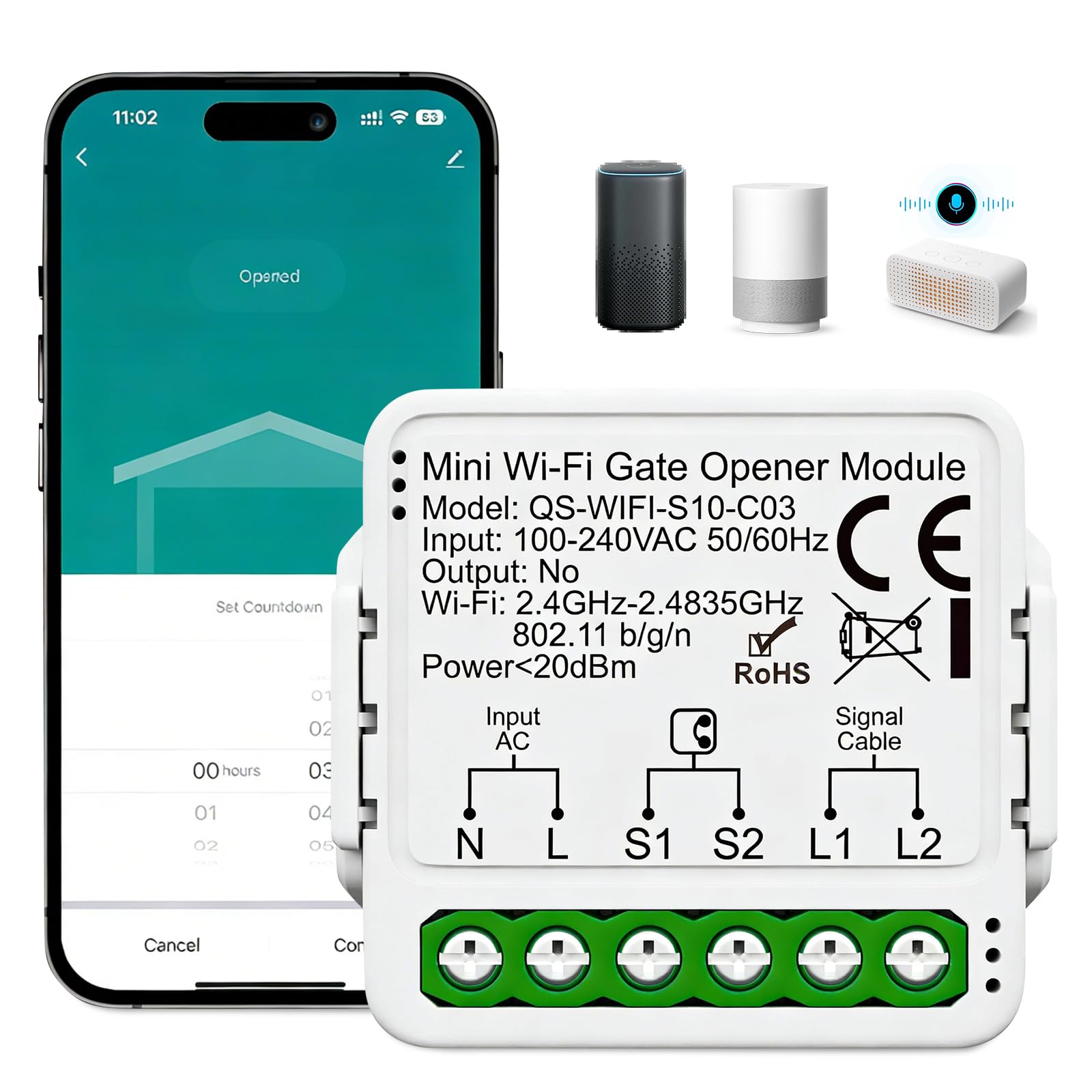 Module D’interrupteur Connecté de Garage, Commande Intelligente de Portail Roulant, Ouvre-Porte de Garage Connecté WIFI, Ouvre Portail Connecté Commande à Distance via L’application Smart Life/Tuya