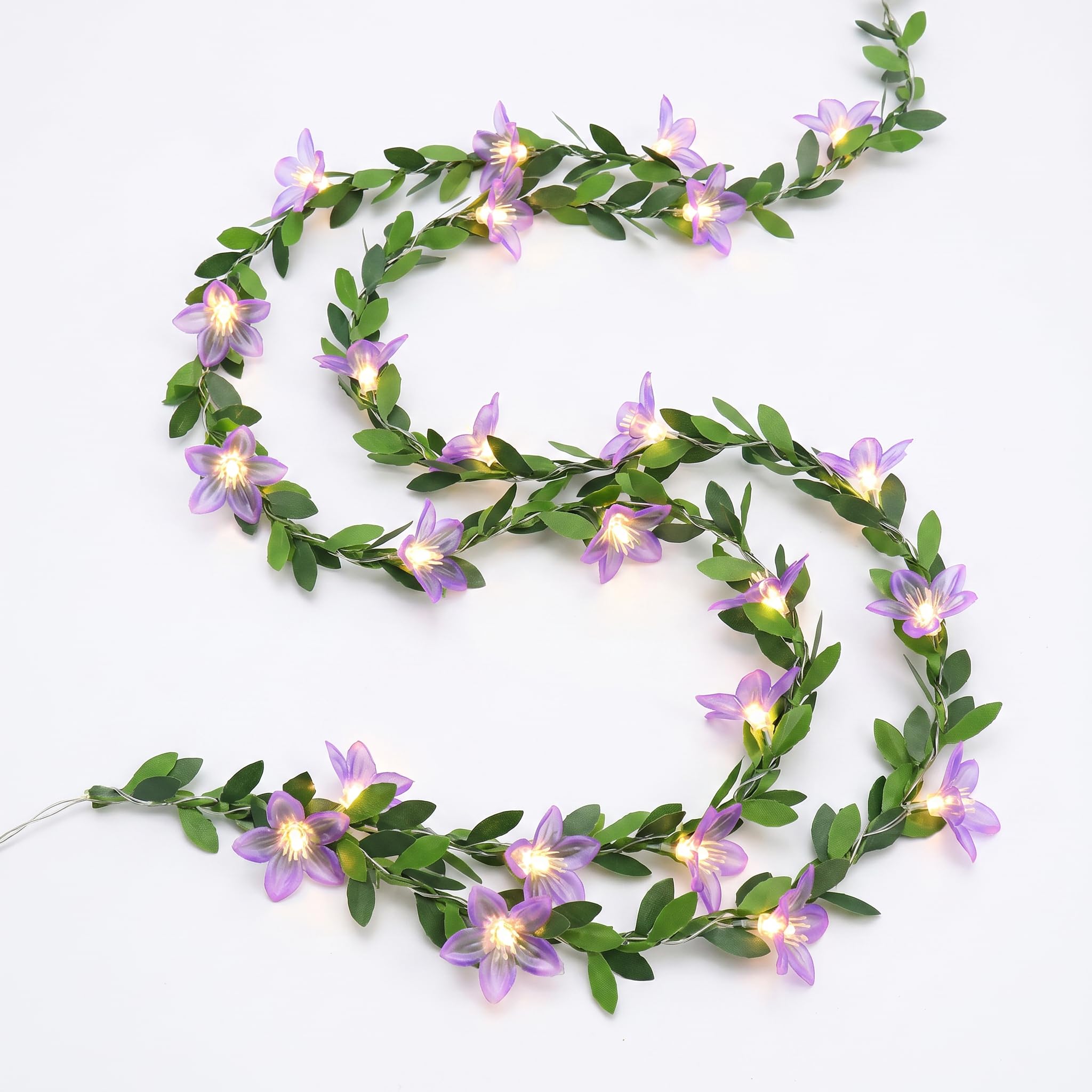 LUVDECO 2m 20 LED Lily Vine Fairy Lights, Warm White Battery Operated Copper String Lights with Always-On Mode, Flexible Floral Lights for Bedroom Wedding Party Home Decor (Violet)
