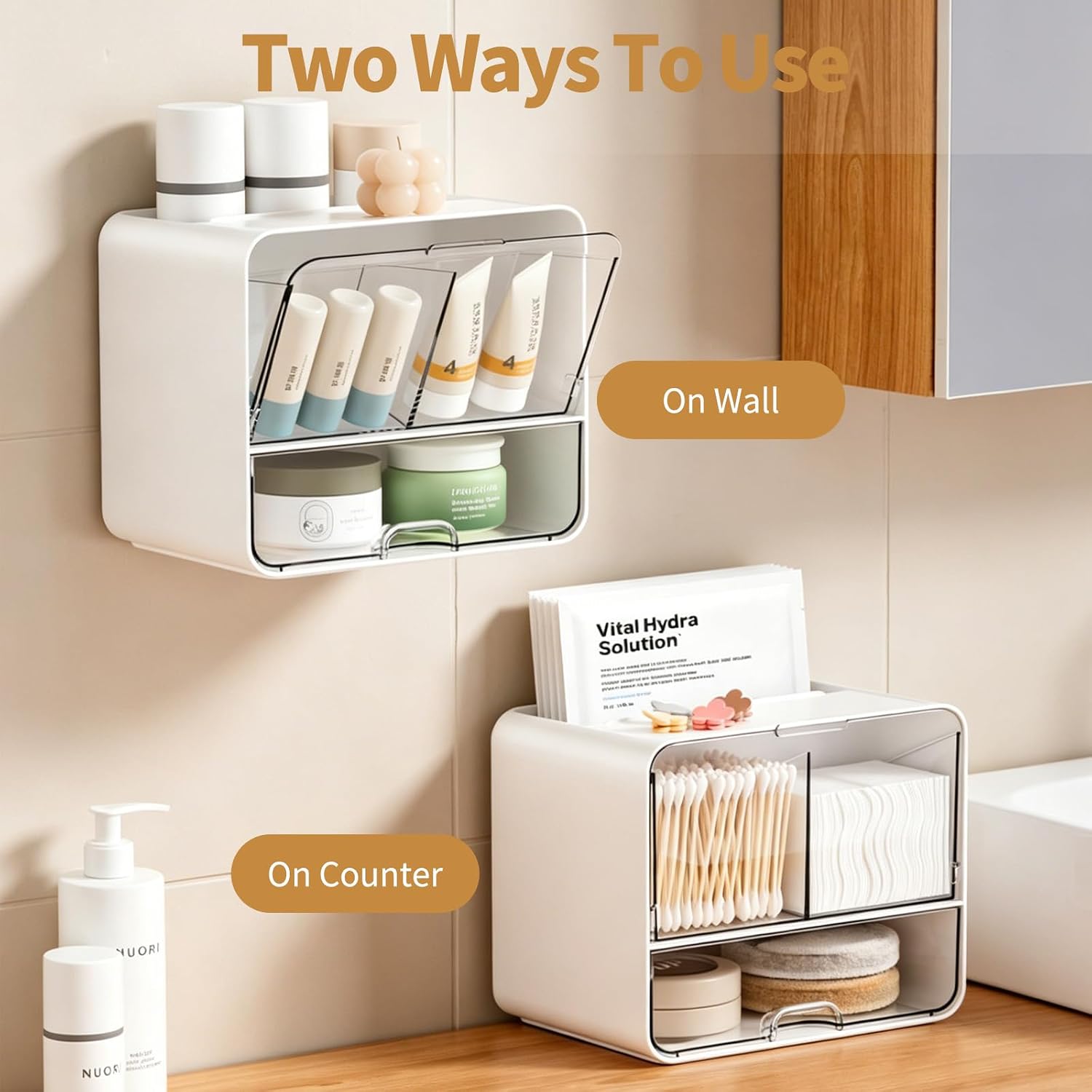Qtip Holder Wall Mount, Bathroom storage rack with drawer and lid, no drilling required. for Bathroom Cotton Swabs, Balls, Cosmetic Cotton Pads, Dental Floss Storage – White
