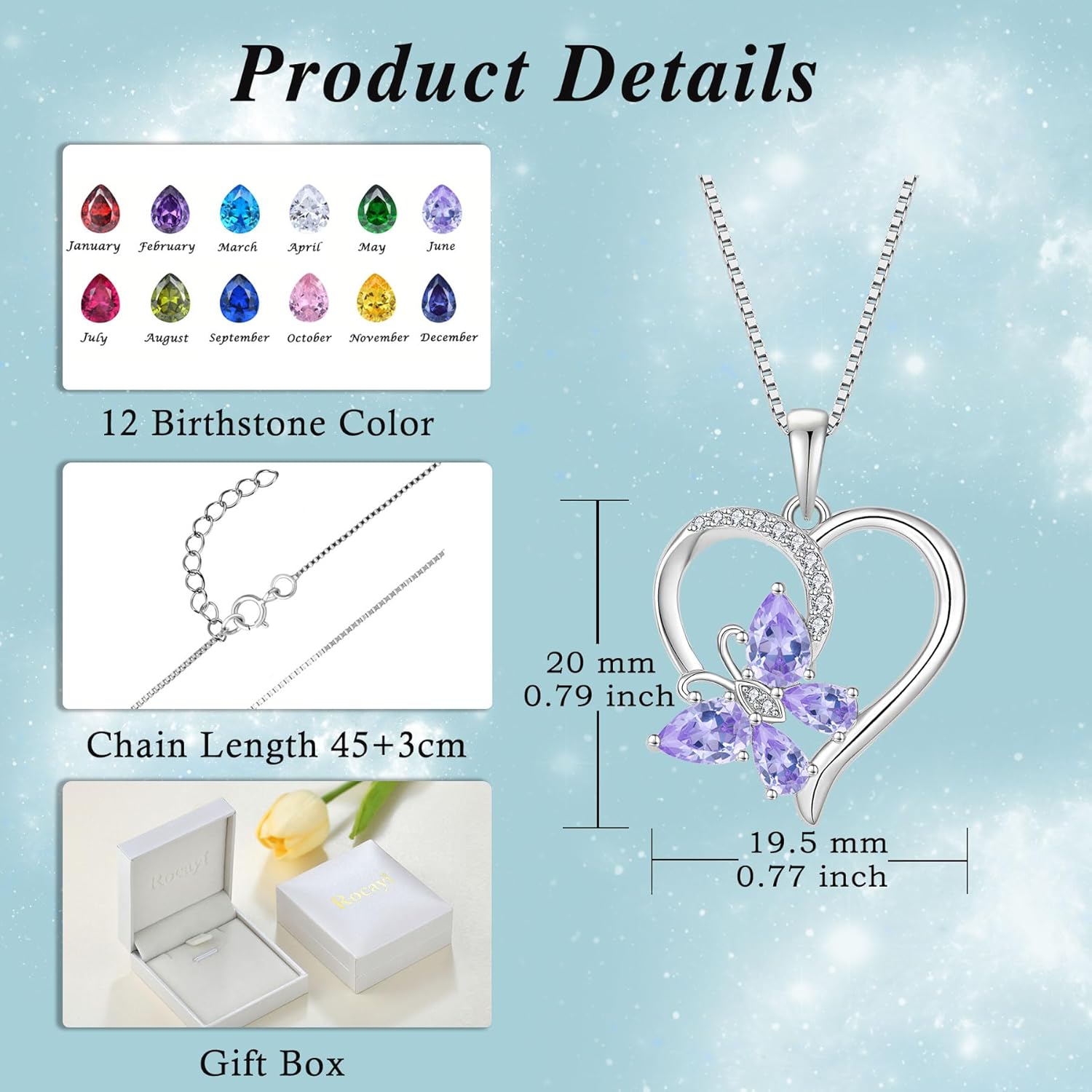 Heart Butterfly Necklace for Women 925 Sterling Silver Birthstone Jewelry Gifts for Her - Image 6