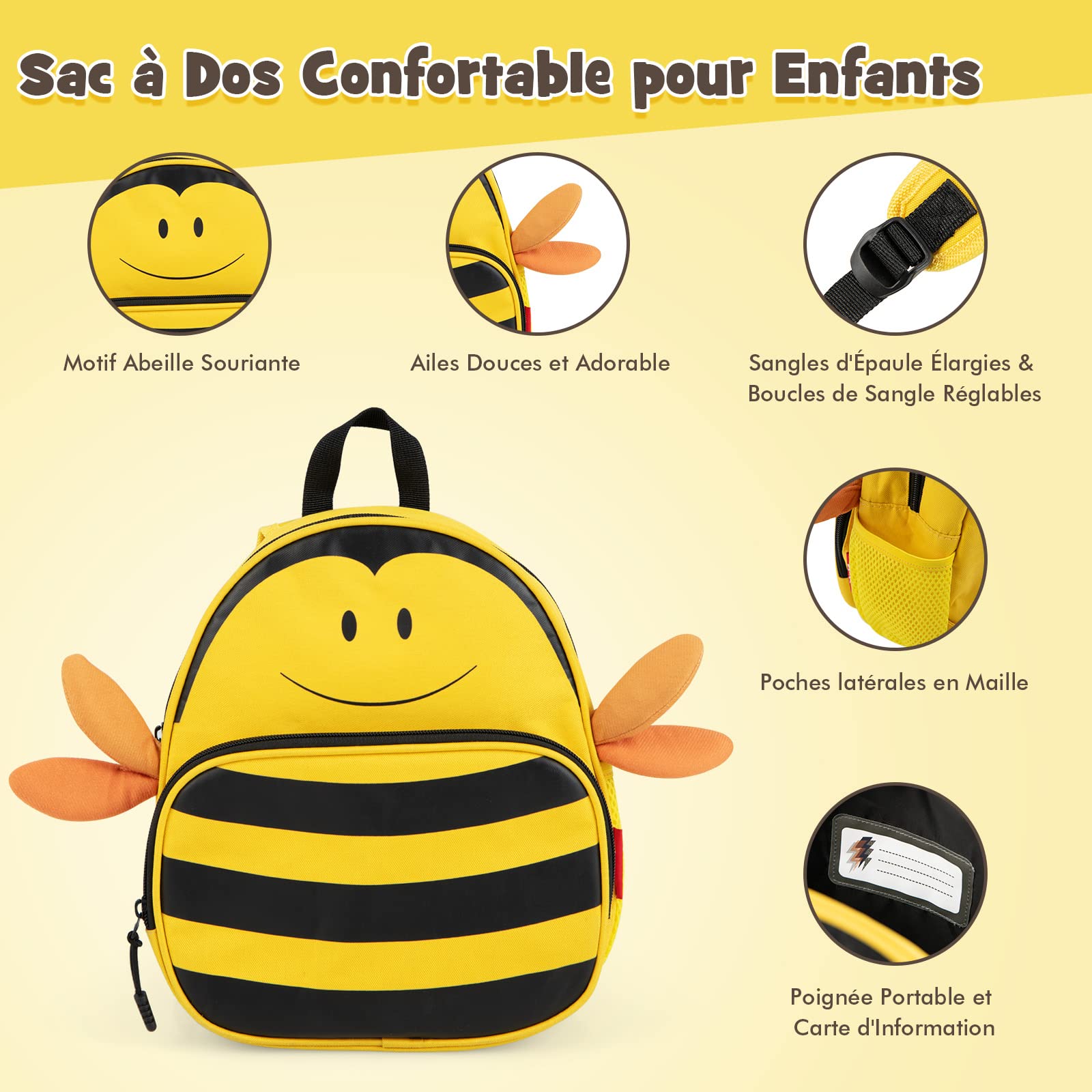 DREAMADE Valise Roulette Enfant 18" et Sac à Dos 12" avec Bandoulière Réglable Bagage Cabine Enfant 3+Ans avec Roues Pivotante 360° Bagage à Main Fille et Garçon Charge 50KG+8KG (Abeille)