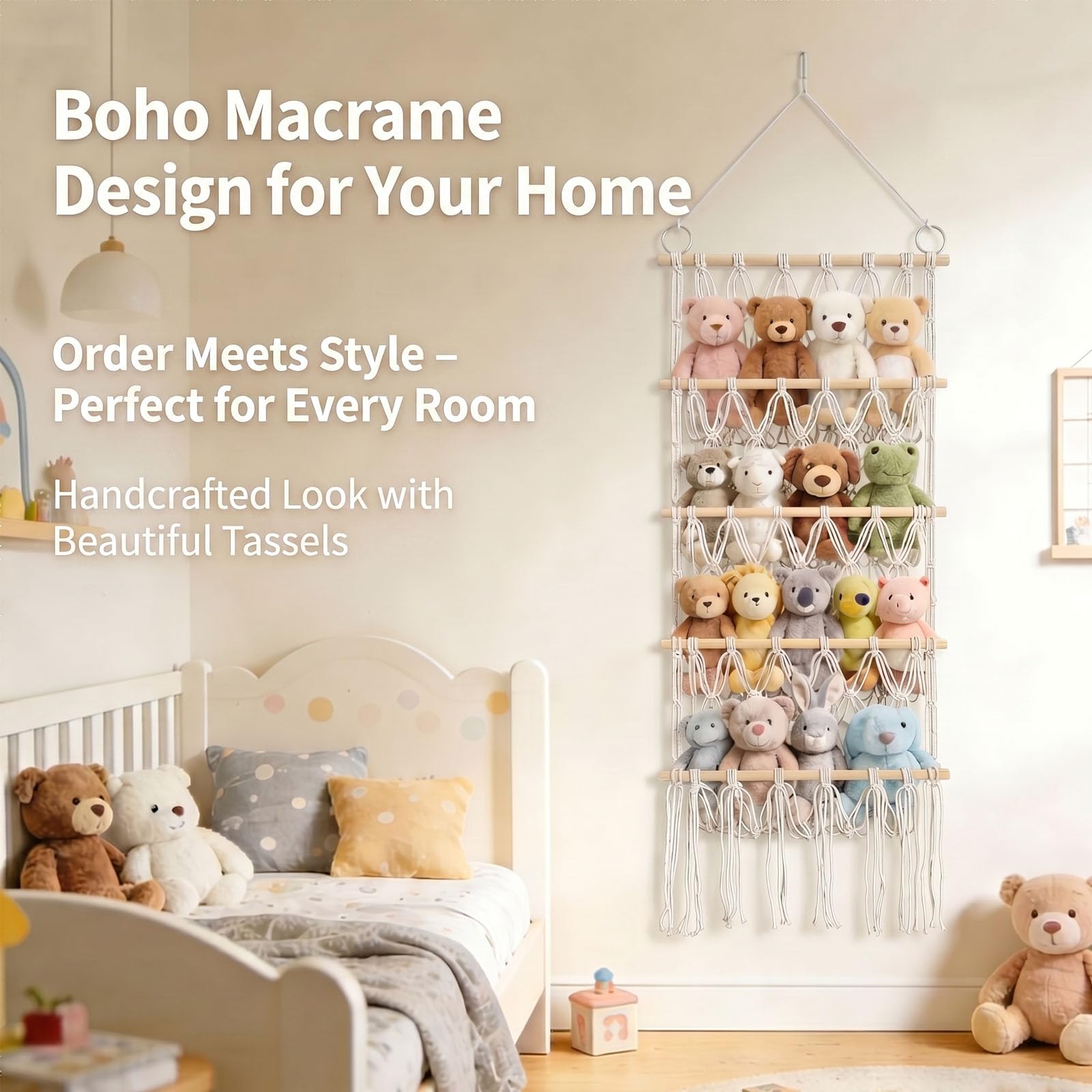 Rangement Peluche Chambre Enfant, 4 Couches Style Bohème Range Peluche Doudou, Filet Peluch à Suspendre avec 2 Crochets et 3 Clous Sans Trace pour Chambres d'Enfant, Salon, Chambre à Coucher