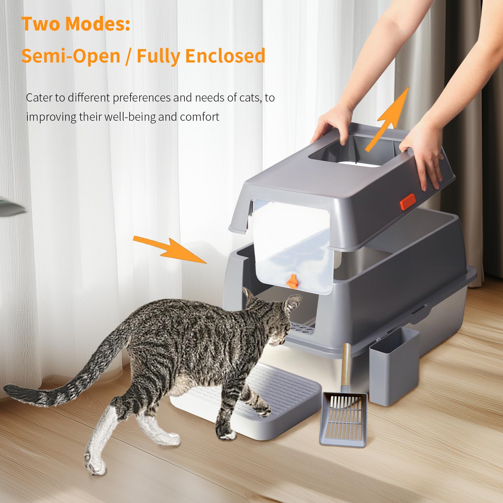 BingoPaw Katzenklo mit Deckel Edelstahl: Geschlossene Katzenklo Edelstahl XXL, Extra große Katzentoilette mit Doppelfilterstufen und Schaufel, hoher Rand, klebend und auslaufsicher, Grau
