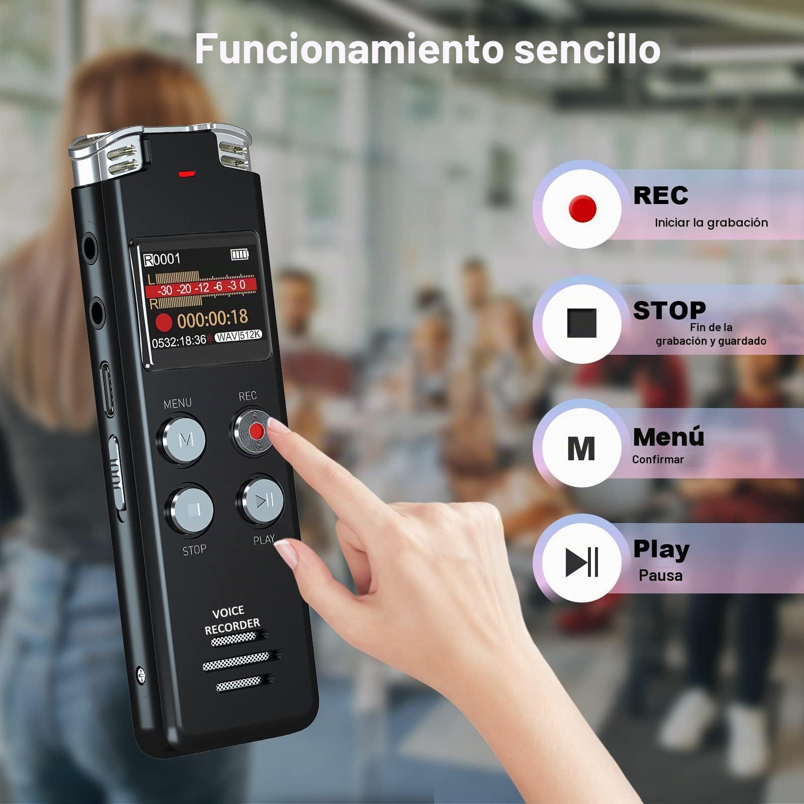 EVISTR Grabadora de Voz Digital 128GB - grabadoro de audio con control de voz y reducción de ruido - grabador dual MIC recargable para conferencias y reuniones
