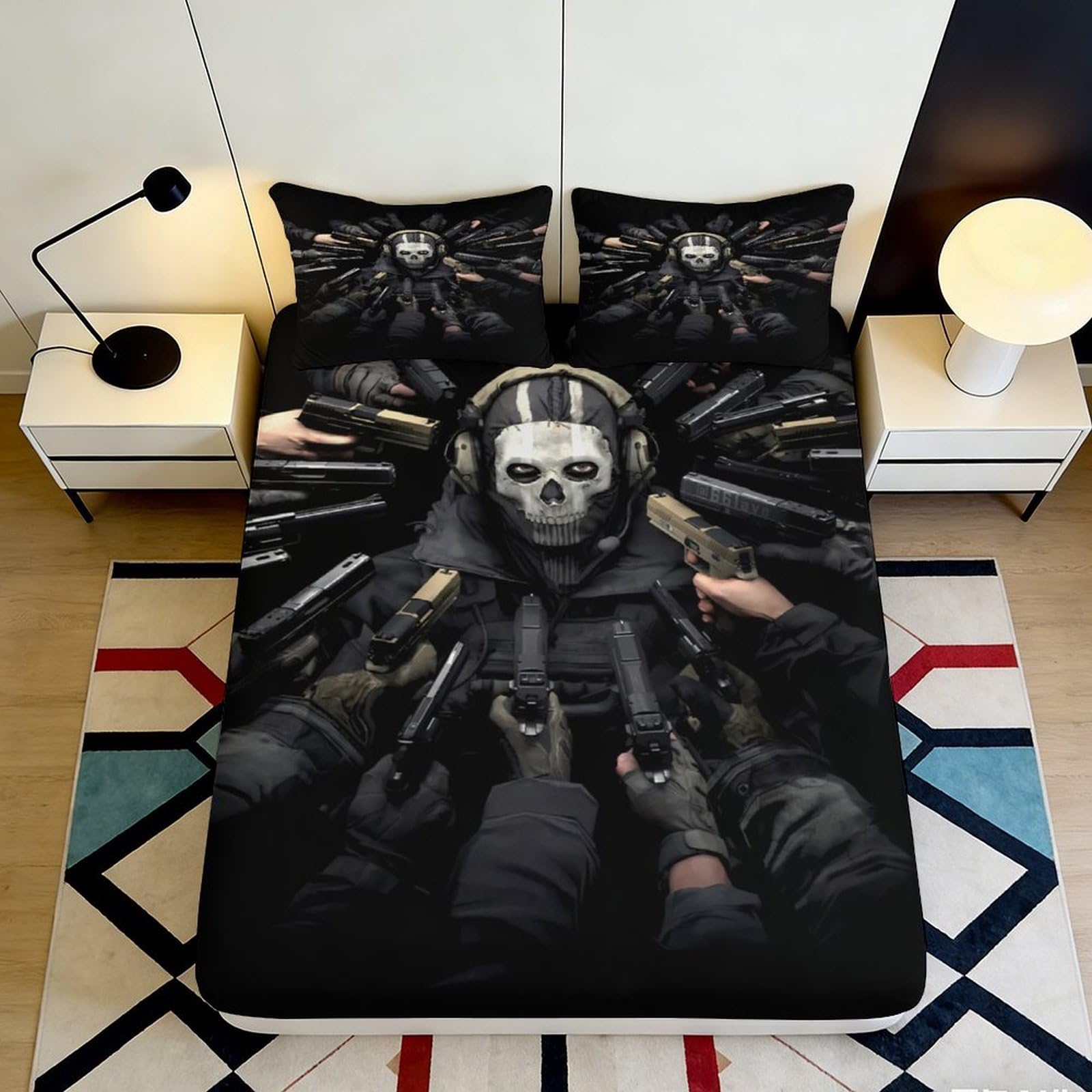 3D Printed Skull Soldier Fitted Sheet Microfiber Soft Black Guns Bed Sheet for Bedroom Dorm Protection Decor 90x200x25cm