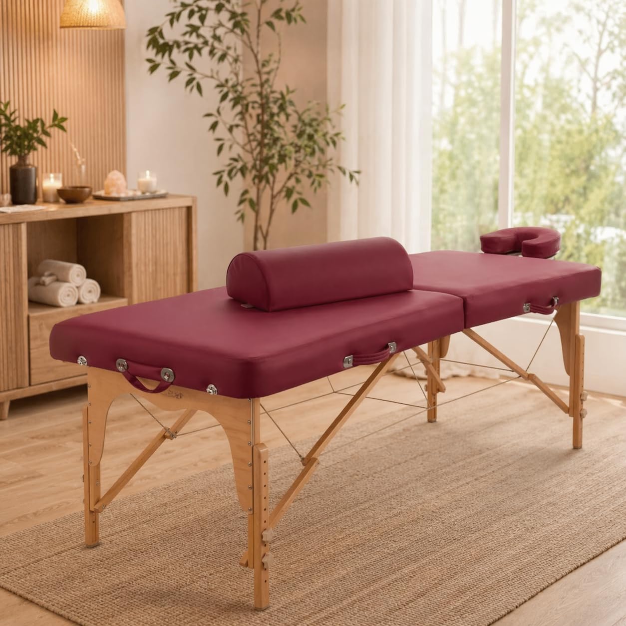 Zen – Medio Rodillo Pilates de camillas de Masaje y Fisioterapia 60x23x16 cm - Medio Rodillo Espuma de posicionamiento para Cuello y Rodillas - Medio Rodillo Yoga de Cuero de imitación PU Borgoña