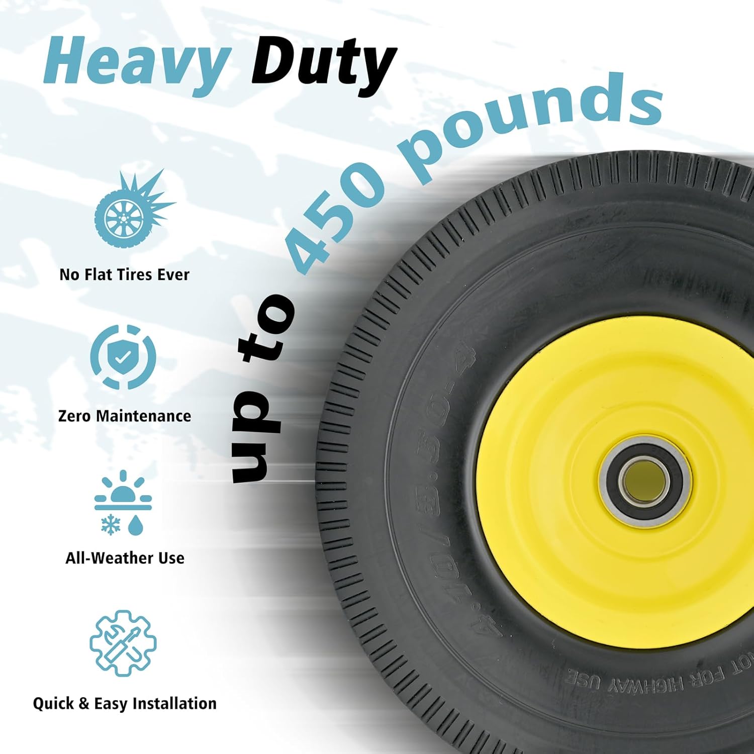 4.10/3.50-4" Flat Free Tire and Wheel, 10" Solid Tire with 5/8" Axle Bore Hole with 3/4" & 1/2" Extra Bearings, 2.2" Offset Hub for Wheelbarrow Hand Truck Garden Wagon Cart Trolley Dolly