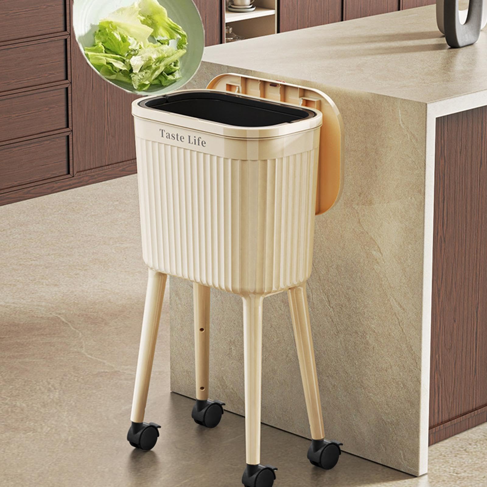 Pattumiera con Ruote Secchio Spazzatura con Coperchio Organizzatore Rifiuti Grande capacità Struttura Ergonomica in PP Adatto a Cucina Soggiorno Uffic, Giallo