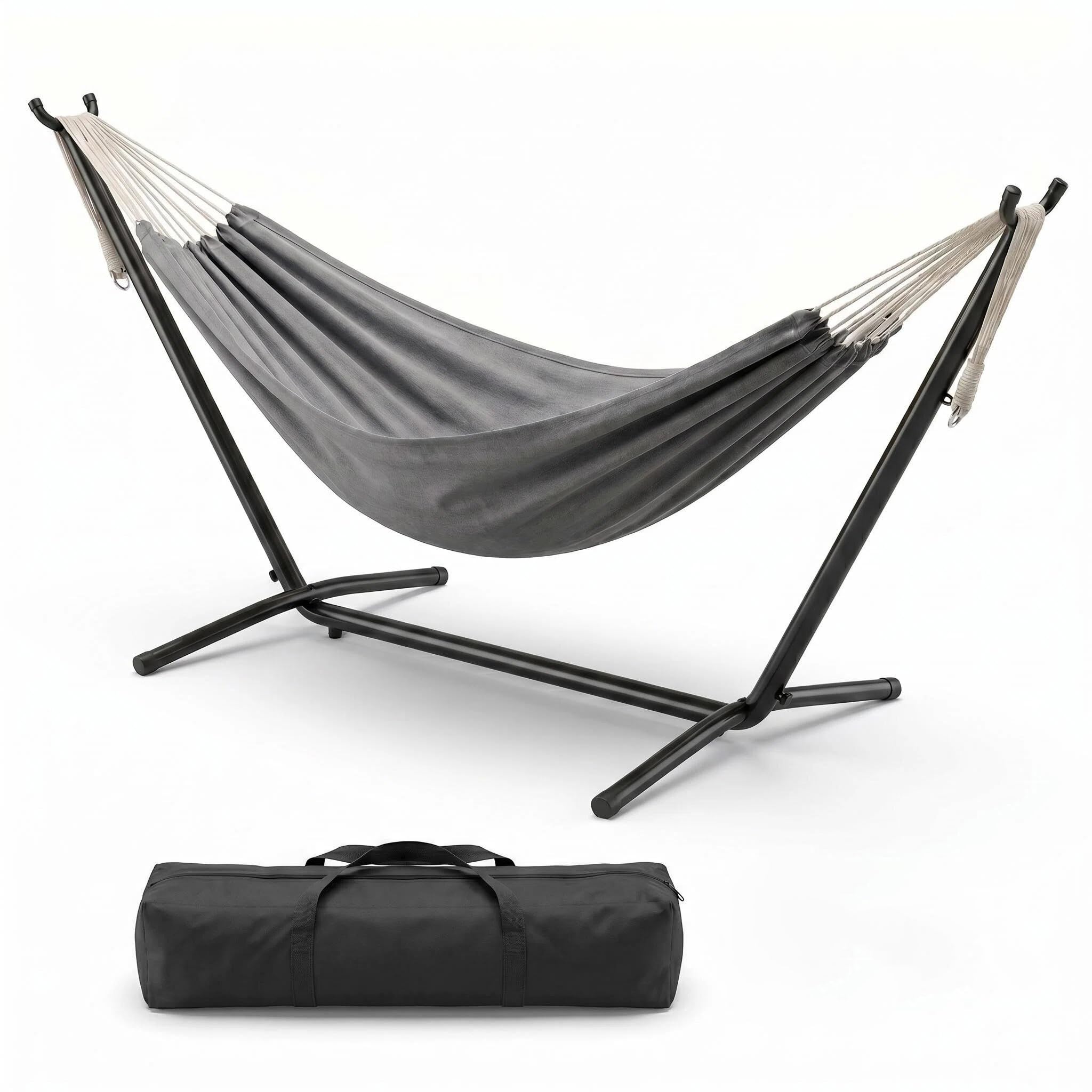 Doppel Hängematte mit pulverbeschichtetem Stahlgestell bis 200 kg Belastbar | 213x150cm Liegefläche Outdoor Garten Balkon Camping Hängematten-Set inkl. Oxford Tragetasche