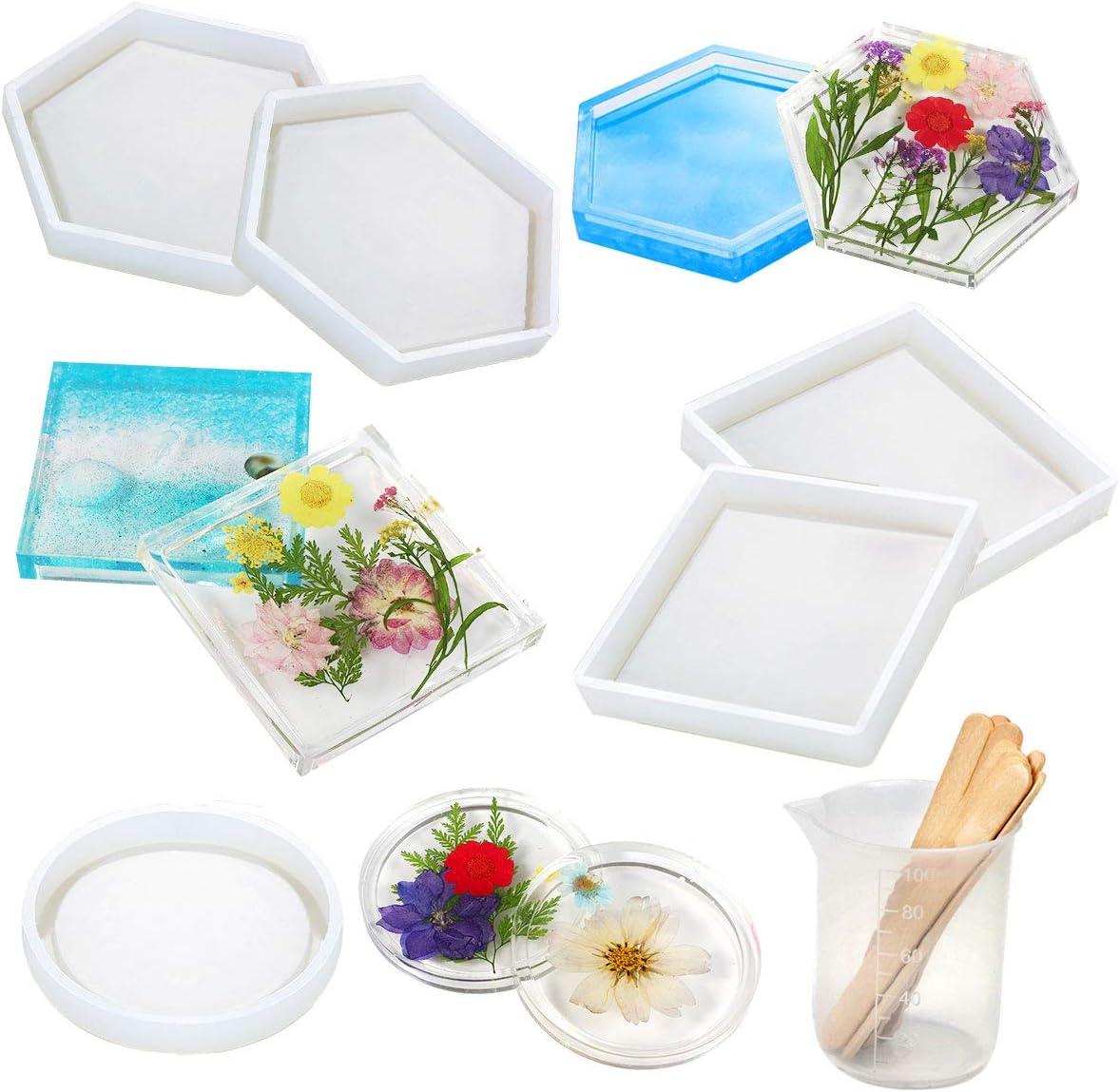 Vindar 5 Pack DIY Silicone Coaster Resin Molds, Epoxy Casting Molds Including Round, Hexagon and Square Mold for Resin, Concrete, Cement, Home Decoration, with Measurement Cup and 10 Wood Sticks