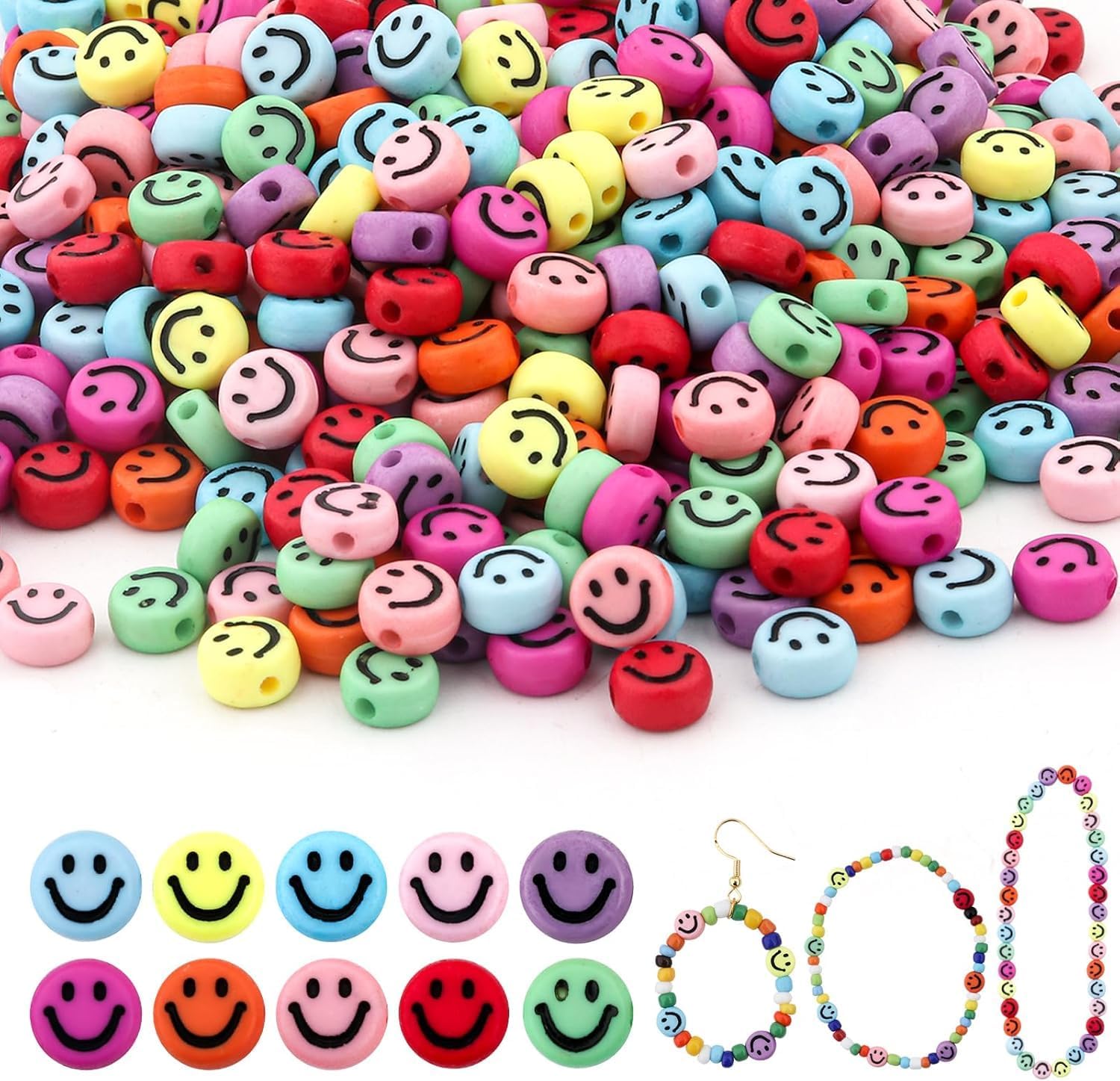 Amzboen 300pcs Smiley Face Beads, 10mm Colorful Happy Face Loose Spacer Beads Mixed Resin Charms Beads for DIY Jewelry Bracelet Earring Necklace Craft Making Supplies (Colorful)