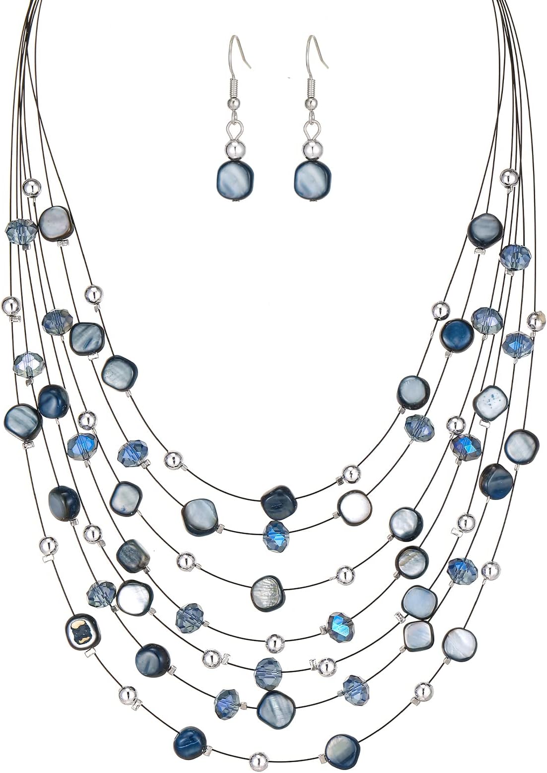 Multi-Layer Boho Shell Beaded Necklace for Women Colorful Crystal Strand with Silver Beads Statement Collars Necklace and Earrings Costumes Jewelry Sets for Women