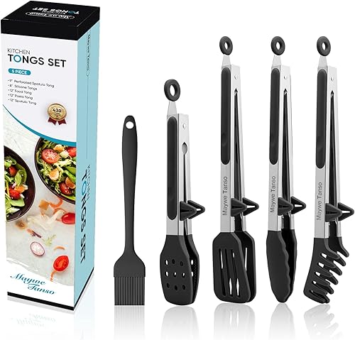 Paquete de 5 pinzas de silicona para cocinar, 4 pinzas de cocina de 13 pulgadas con puntas de silicona, pinzas de acero inoxidable antiadherentes