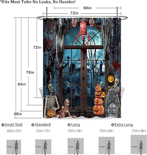 Miniatura 5 de Renaiss Cortina de ducha de Halloween de 72 x 72 pulgadas para decoración de Halloween, divertido esqueleto para el hogar, espeluznante calabaza,