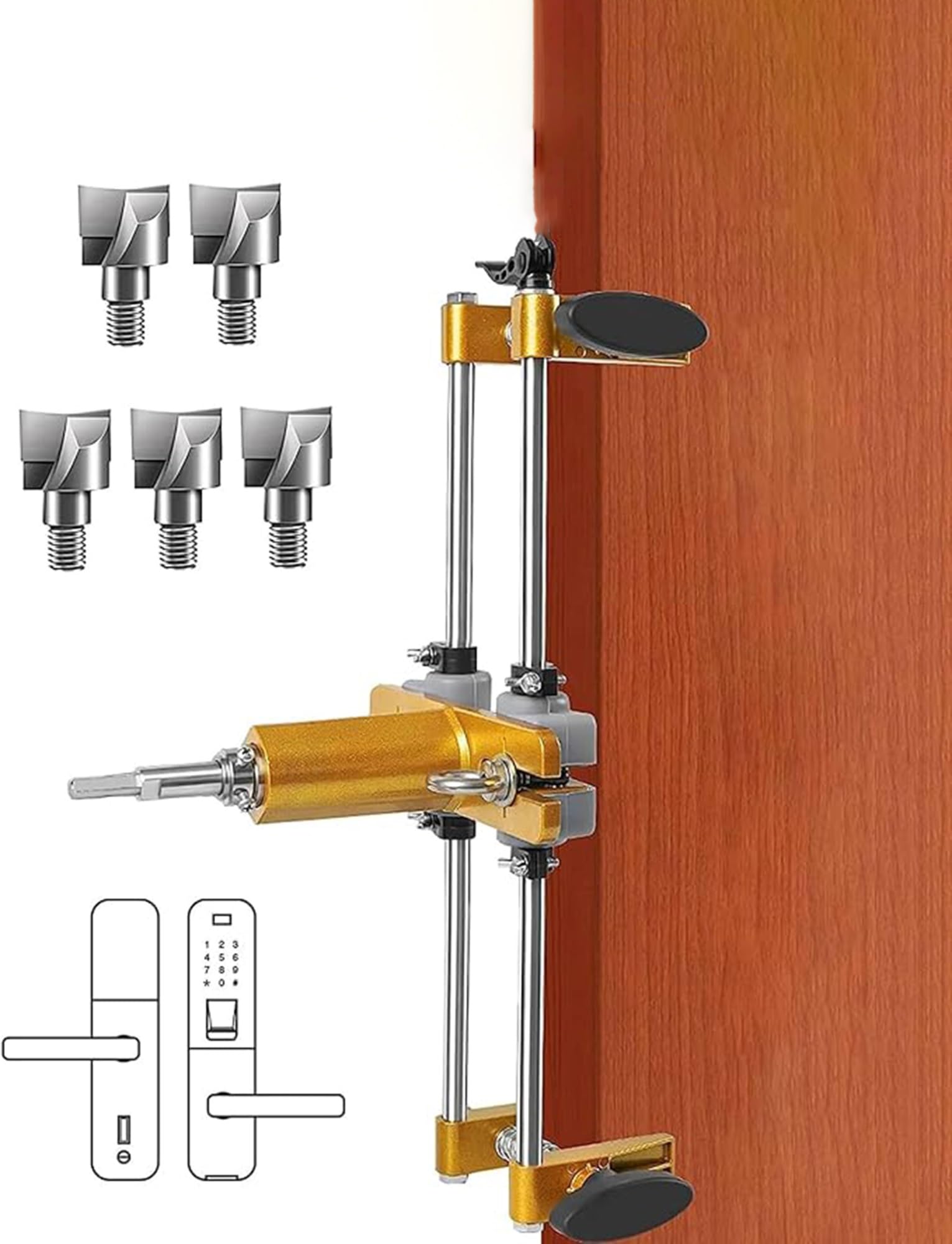 Kit de mortaja de cerradura de puerta, herramienta de apertura de agujeros de bloqueo con 3 cuchillas para puertas de madera, plantilla de mortaja de precisión para una fácil instalación y montaje