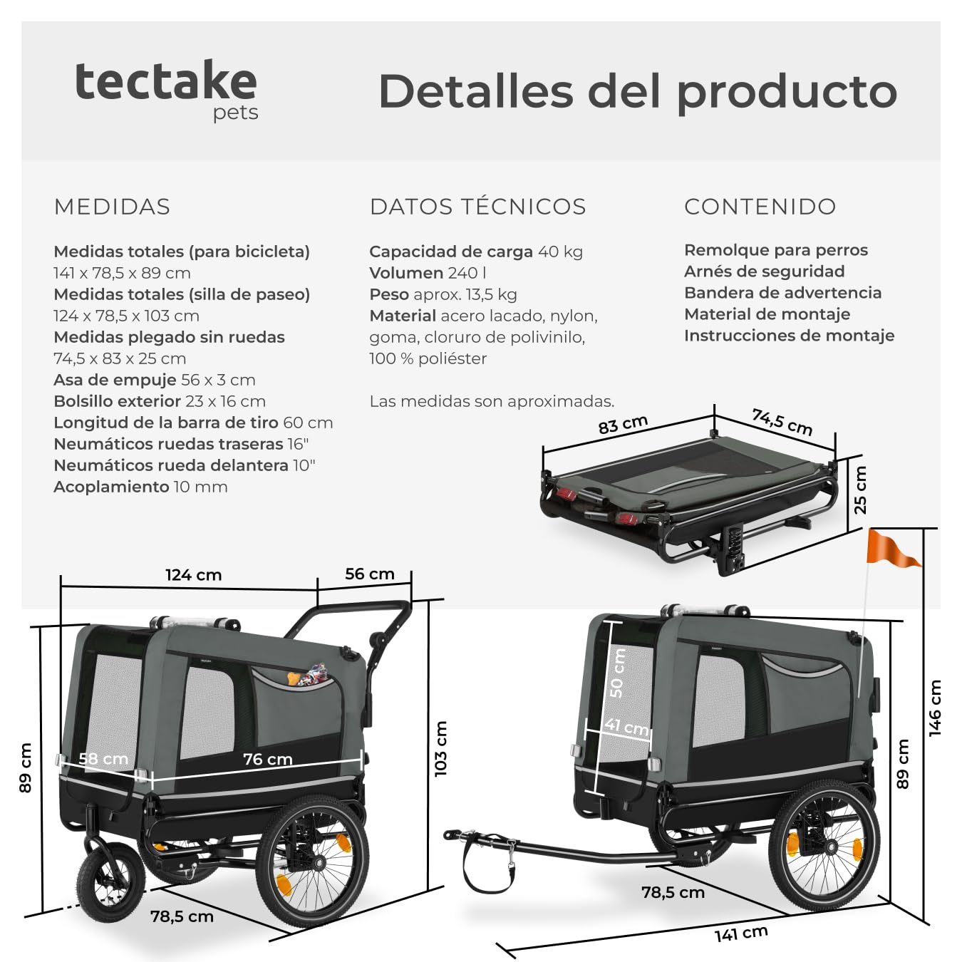 tectake® Remolque Bicicleta Perros Multifuncional, Carrito para Perros Plegable, Carro Perro con Manillar Extraíble, Remolque Bici 240L, Reflectores, Bandera, Arnés Seguridad, Carga Máx 40 kg