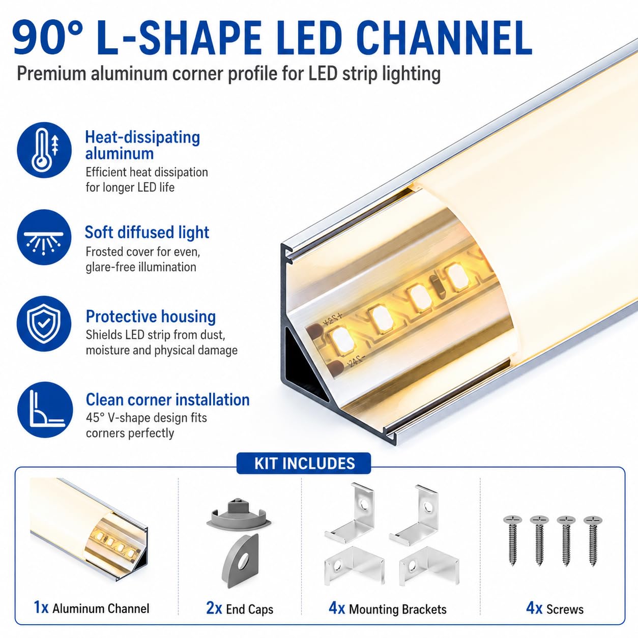 LED Corner Profile 2 m x 10 Pieces V-Shape 90 Degree Aluminium Rail with Diffuser and Holder Aluminium Profile for LED Strips up to 10 mm Channel for Corner, Stairs, Cupboard