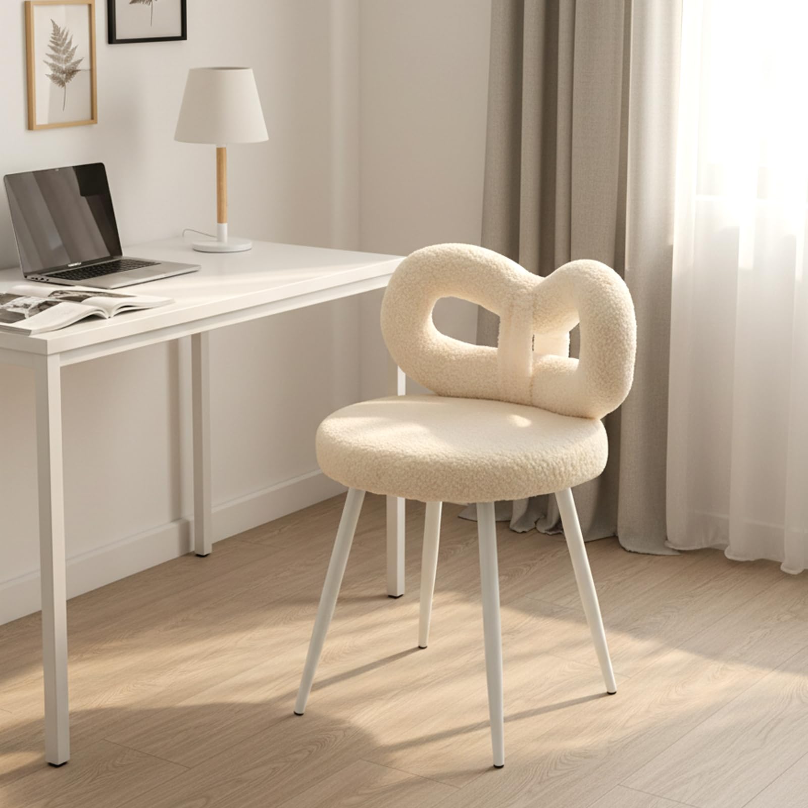 Minifactory Small Vanity Chair with Bow Backrest, White Faux Lambswool Makeup Stool for Dressing Table, Armless Compact Bedroom Chair for Women & Girls, Sturdy Carbon Steel Frame (White)