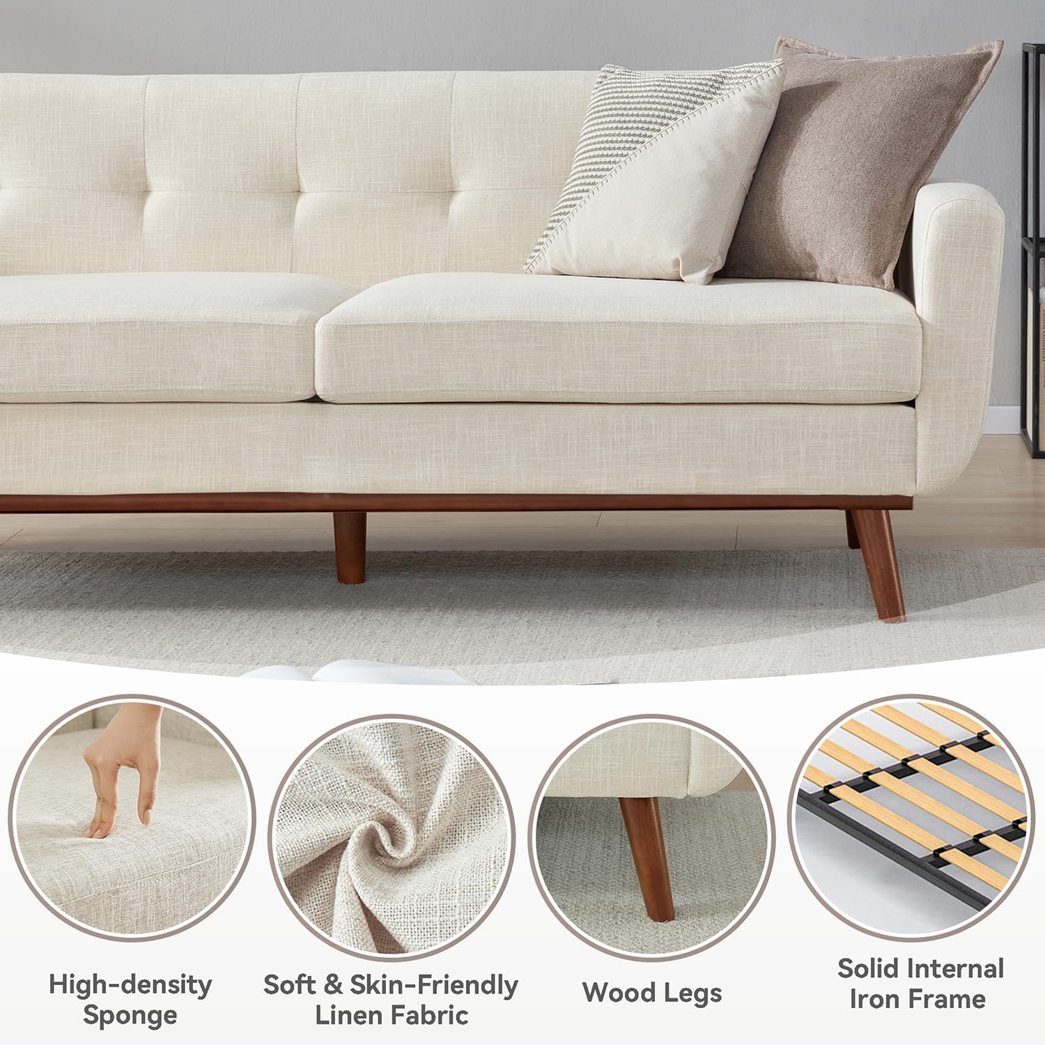 Kingfun 77.2" W Loveseat Sofa, Mid Century Modern Decor Love Seat Couches for Living Room, Button Tufted Upholstered Furniture, Solid & Easy to Install Small Couch for Bedroom Office Apartment, Beige | linen fabric, button tufted, solid wood foot, pocket spring, wood slats frame