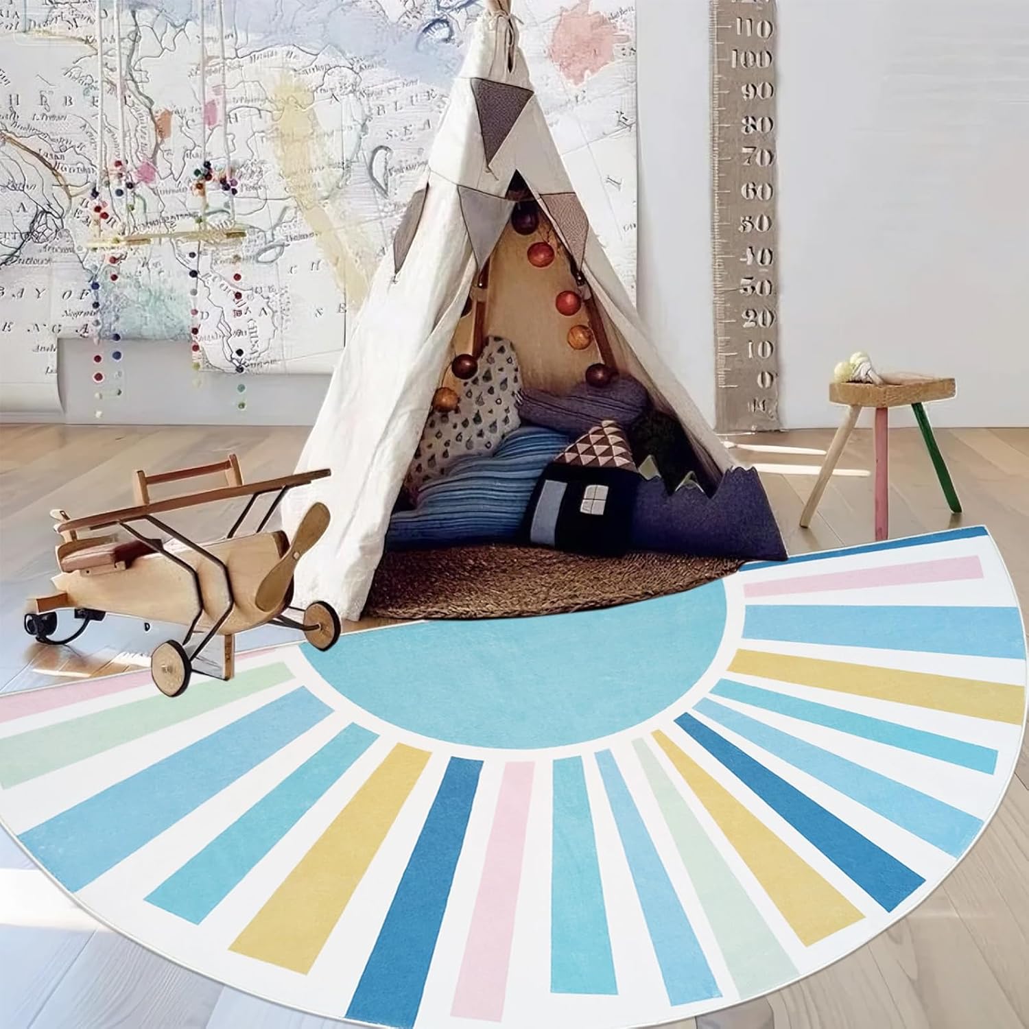 Half Circle Boho Sun Rug 3x6Ft Half Round Kids Play Mat for Bedroom Playroom, Semicircle Carpet for Boys Girls Nursery Mat Classroom Living Room Decor, Half Moon Doormat, Blue