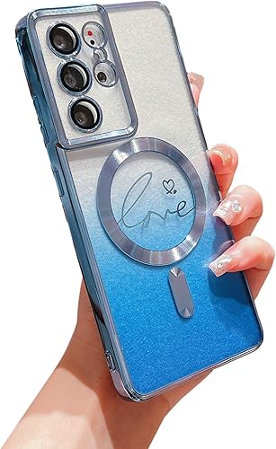 Funda magnética para teléfono Samsung Galaxy S21 Ultra 5G, compatible con MagSafe cubierta de lujo chapada en degradado con purpurina suave,