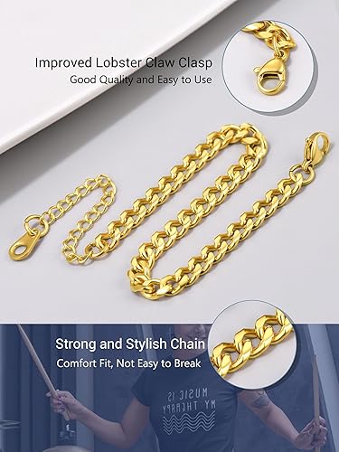 Miniatura 6 de PROSTEEL Pulsera de acero inoxidable para hombres y mujeres, elegantes pulseras de eslabones cubanos, chapado en oro negro de 18 quilates, ancho